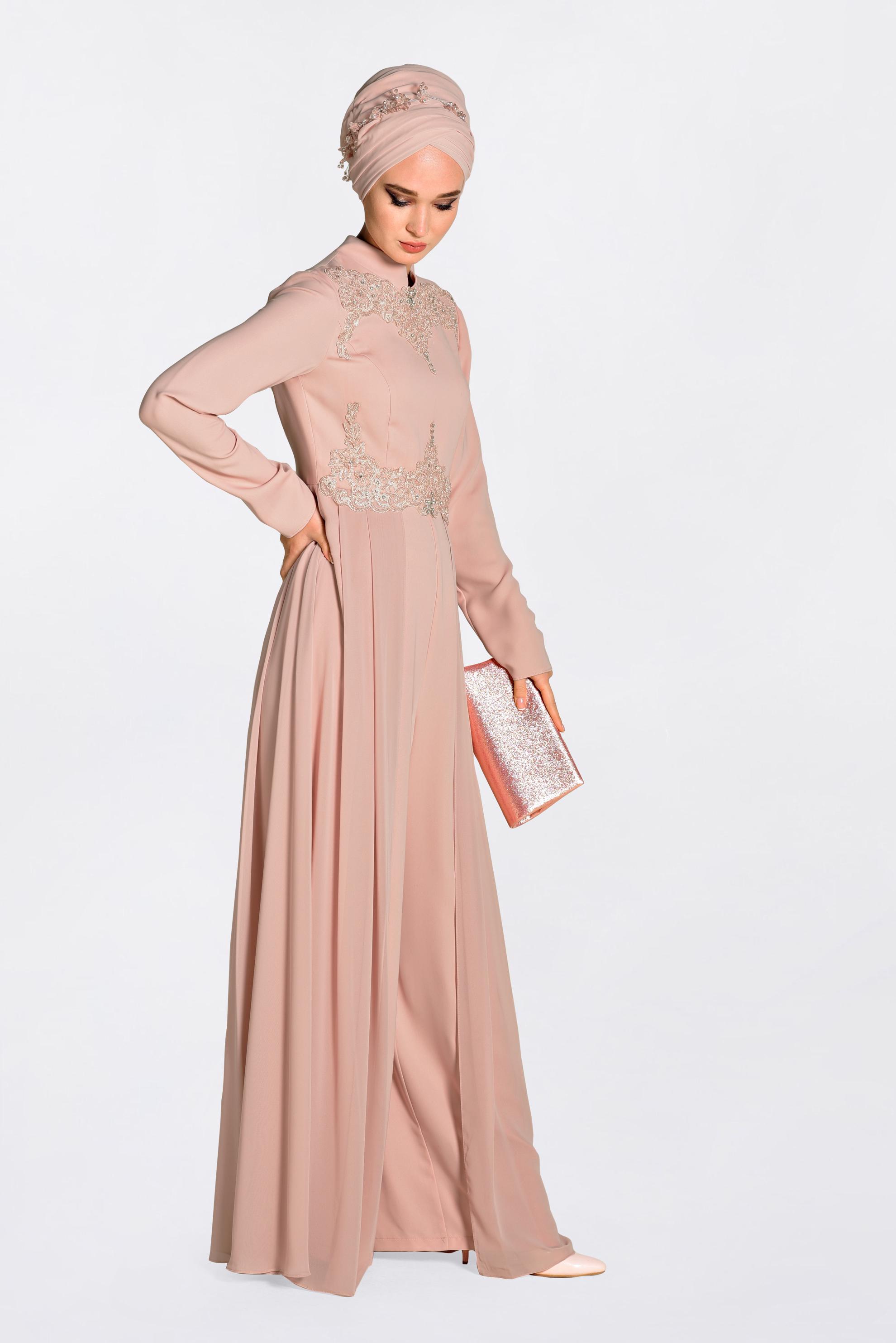 Tesettür giyim PUDRA PELERİN GÖRÜNÜMLÜ ABİYE TULUM 5508