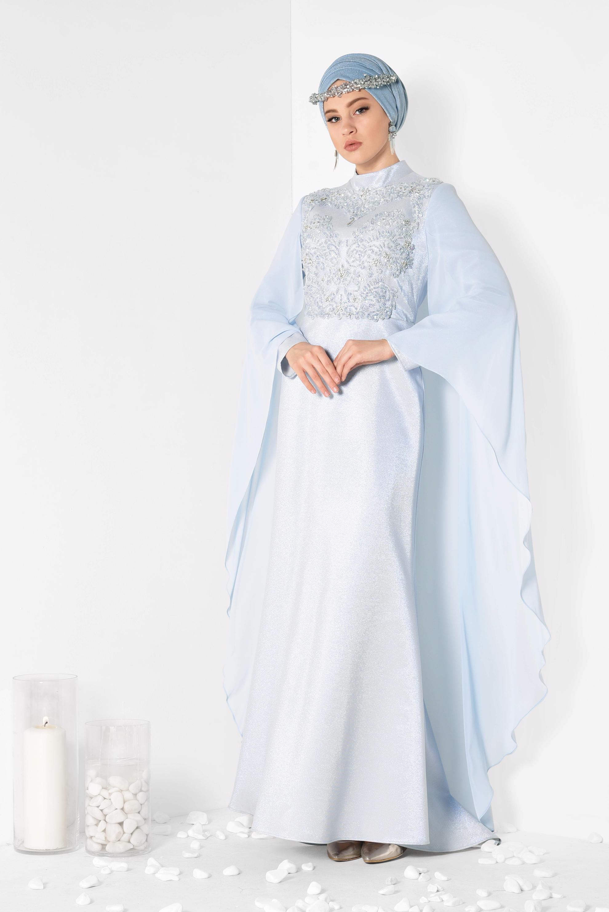 Tesettür giyim MAVİ BONCUK İŞLEMELİ SİMLİ ABİYE ELBİSE 5509