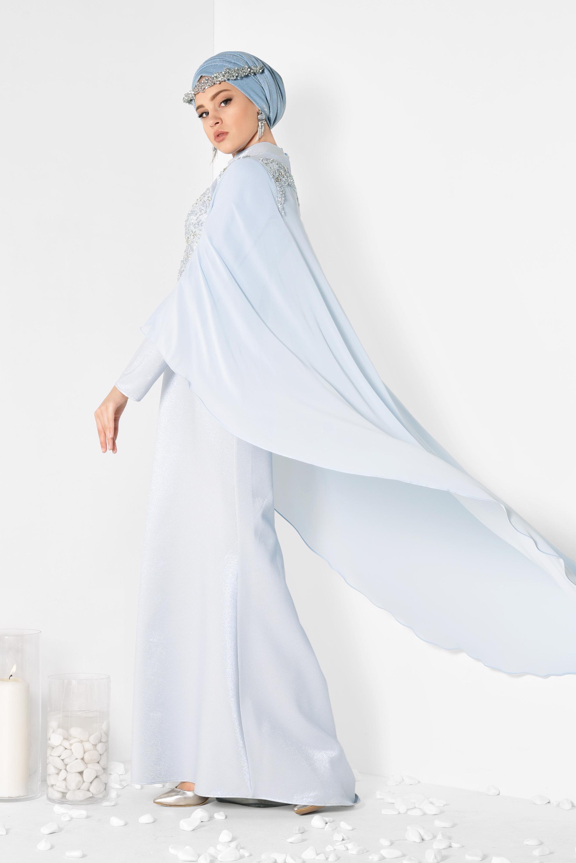 Tesettür giyim MAVİ BONCUK İŞLEMELİ SİMLİ ABİYE ELBİSE 5509