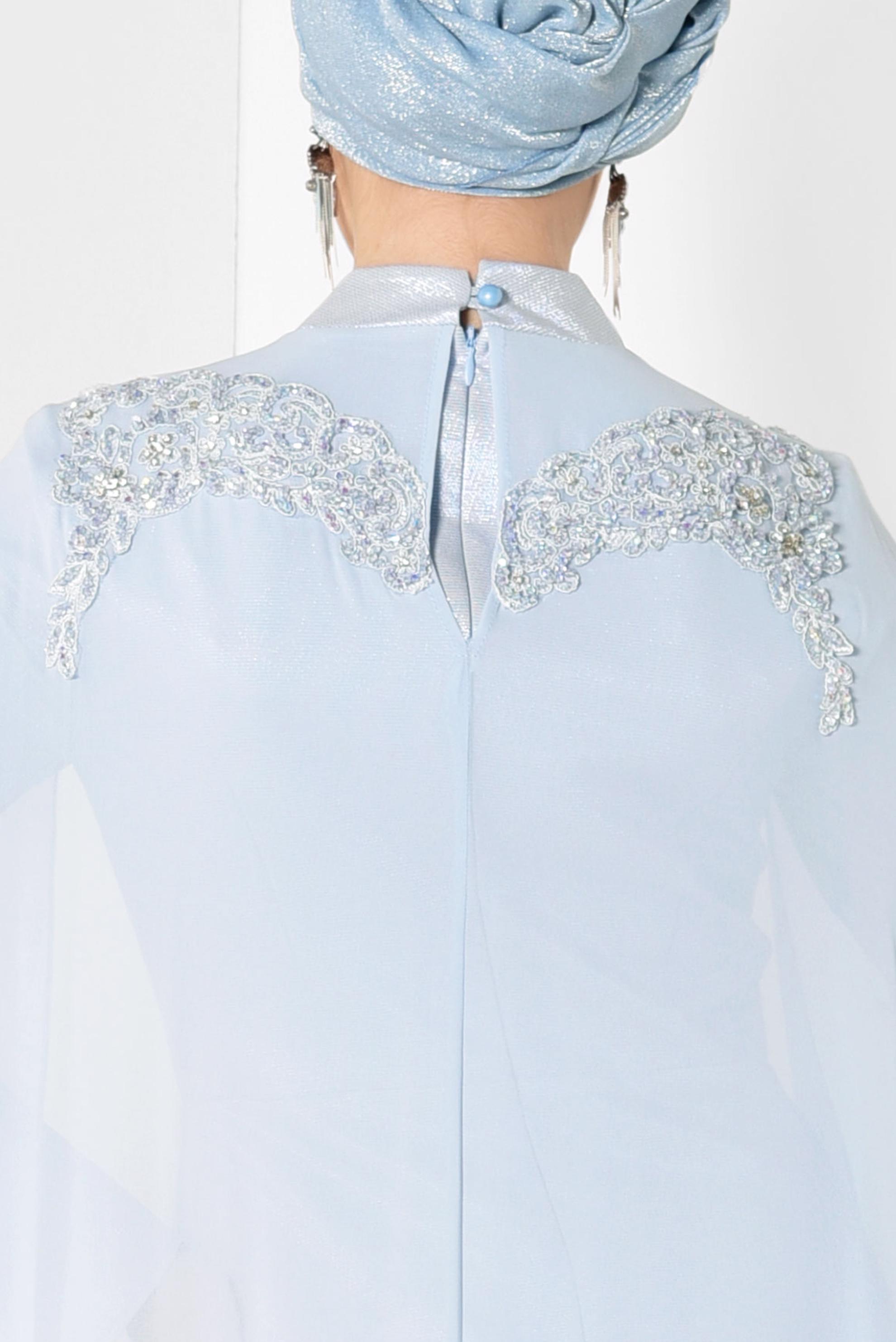 Tesettür giyim MAVİ BONCUK İŞLEMELİ SİMLİ ABİYE ELBİSE 5509