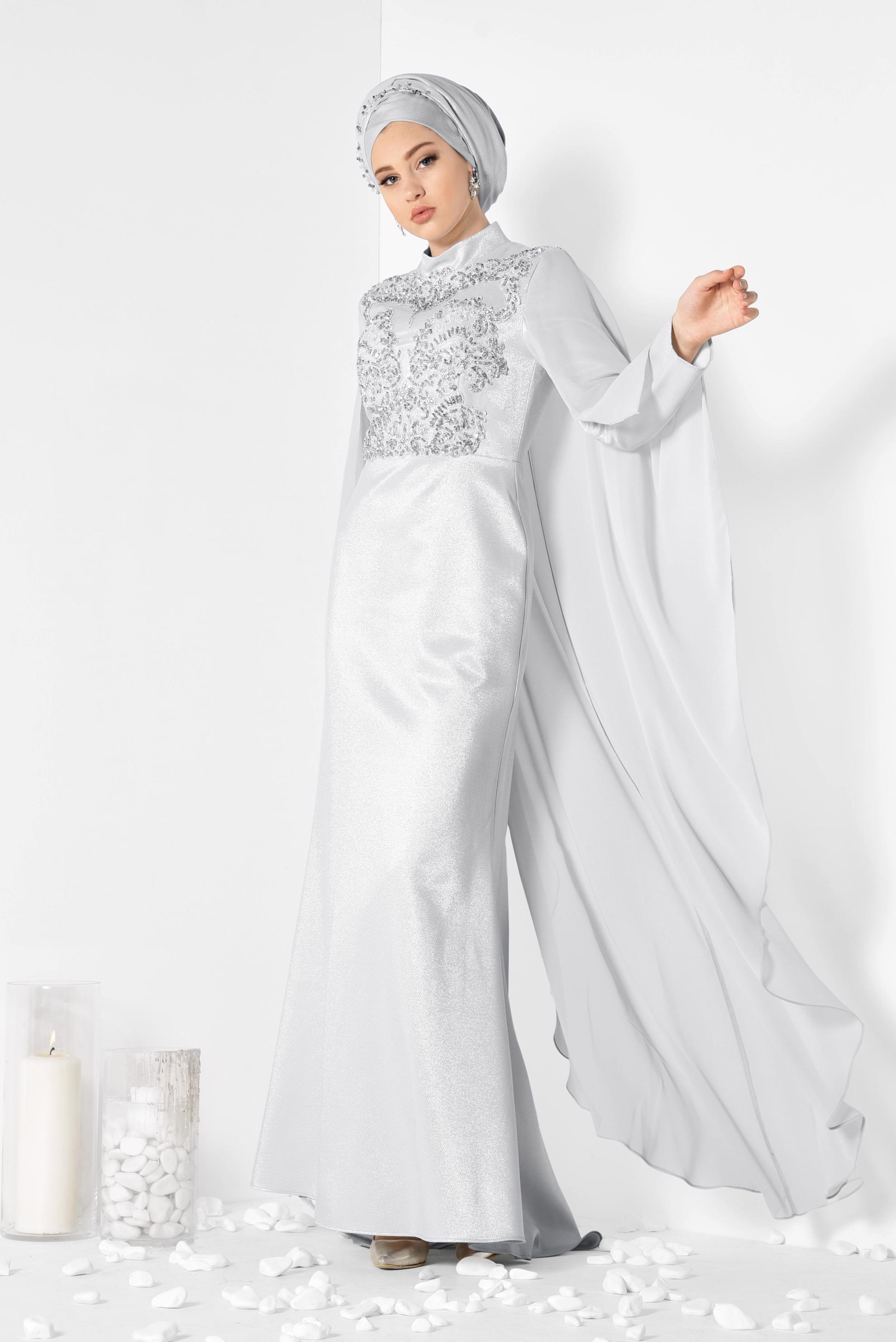 Tesettür giyim GRİ BONCUK İŞLEMELİ SİMLİ ABİYE ELBİSE 5509