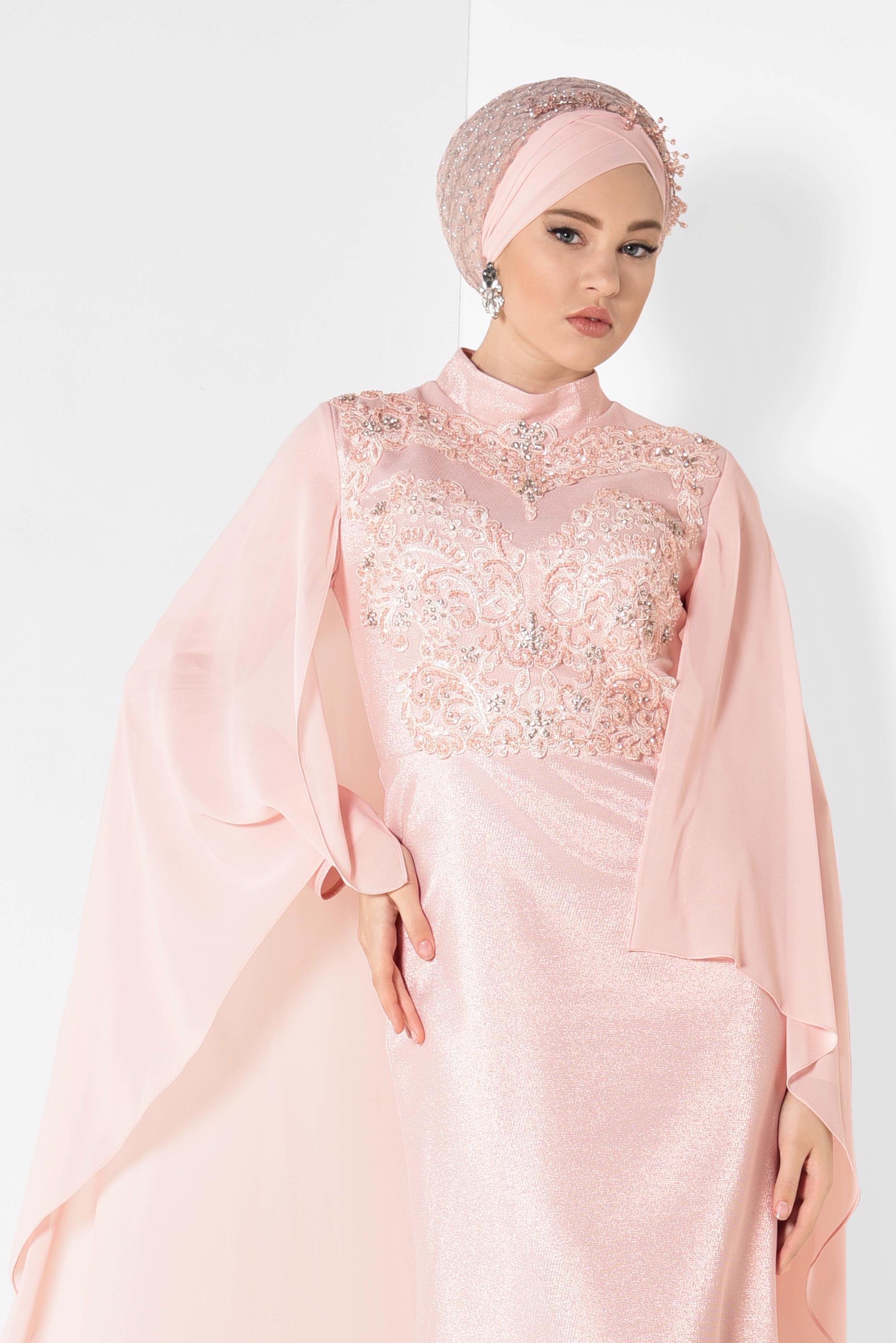 Tesettür giyim PUDRA BONCUK İŞLEMELİ SİMLİ ABİYE ELBİSE 5509