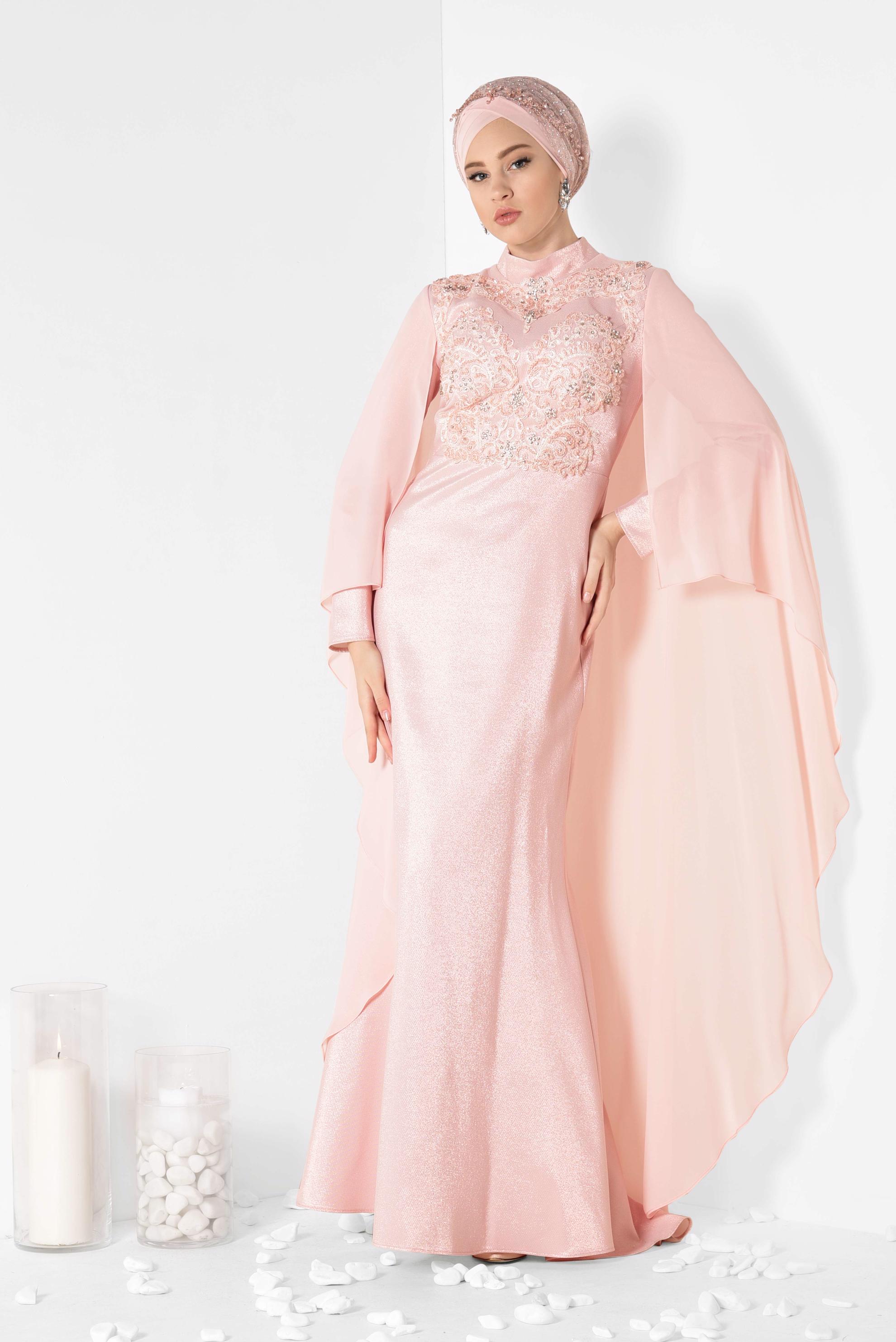 Tesettür giyim PUDRA BONCUK İŞLEMELİ SİMLİ ABİYE ELBİSE 5509