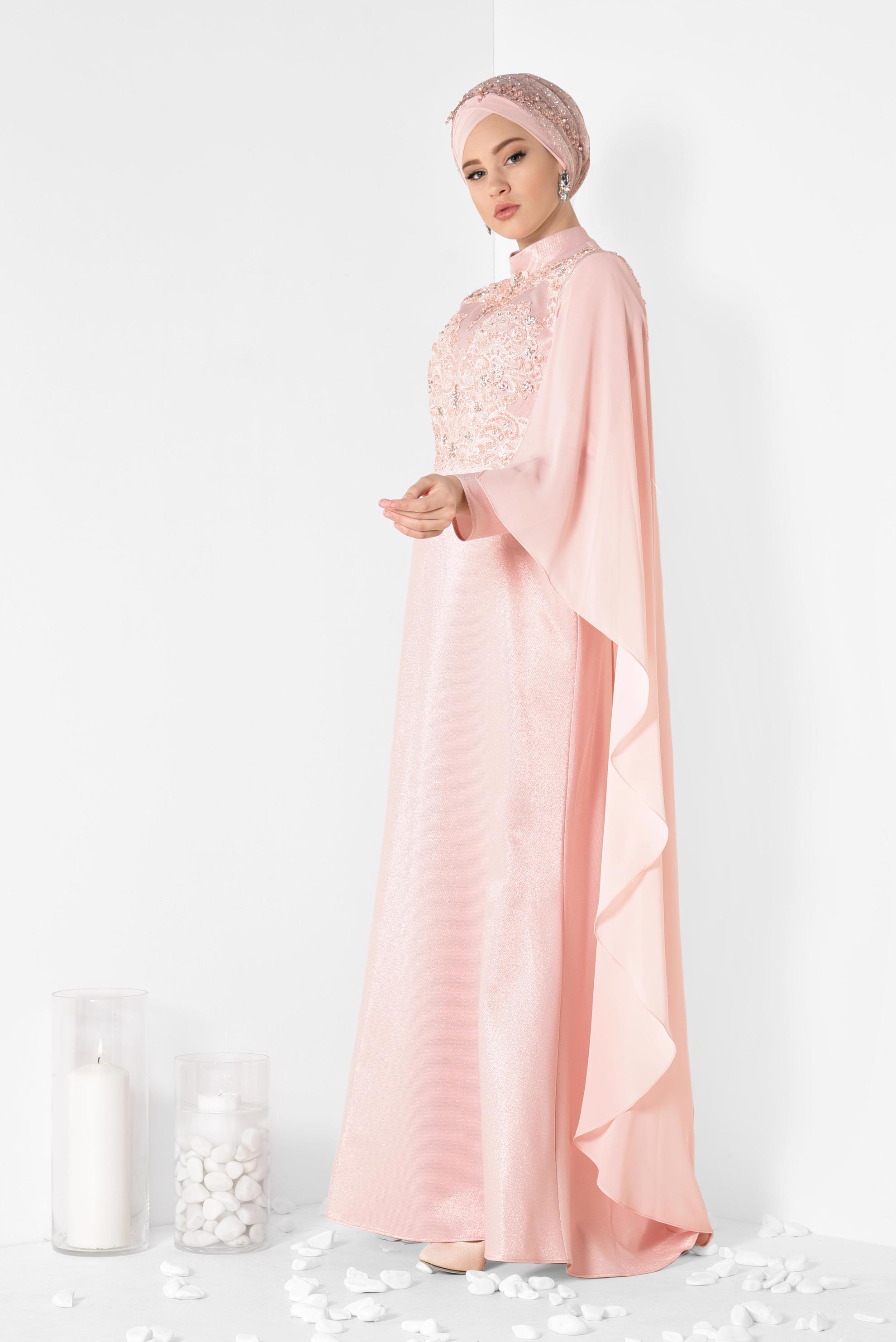 Tesettür giyim PUDRA BONCUK İŞLEMELİ SİMLİ ABİYE ELBİSE 5509