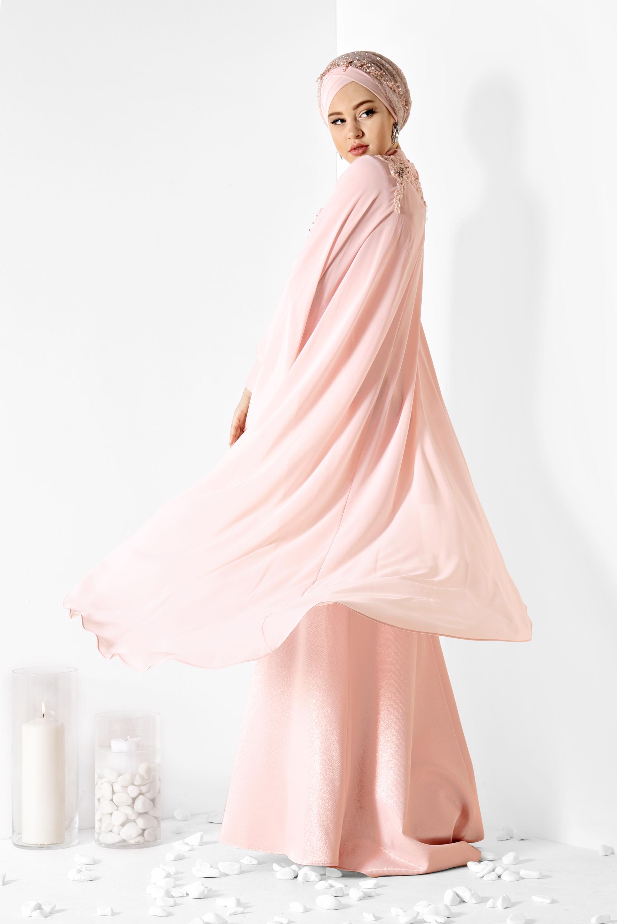 Tesettür giyim PUDRA BONCUK İŞLEMELİ SİMLİ ABİYE ELBİSE 5509