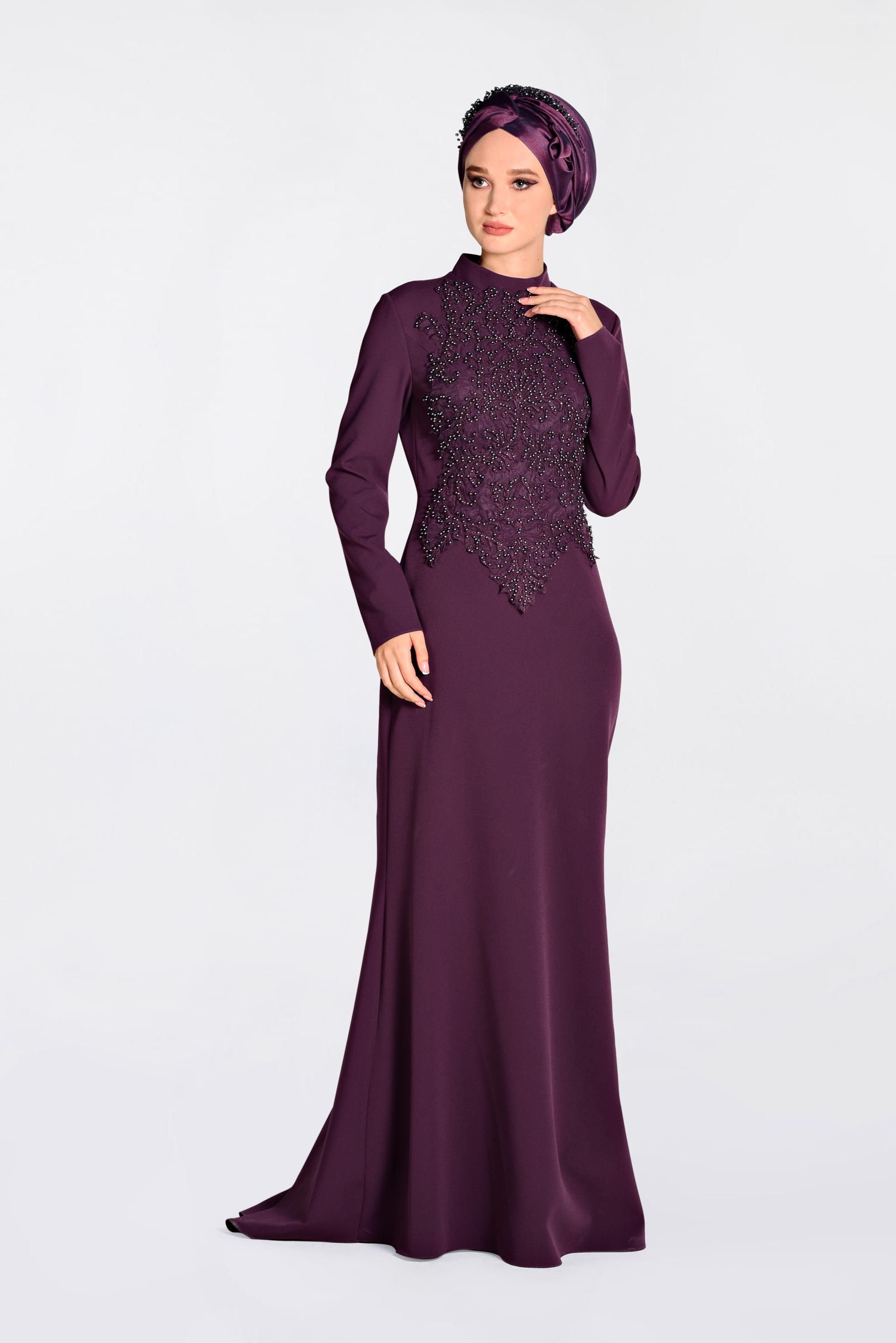 Tesettür giyim MOR GÜPÜRLÜ BALIK ABİYE ELBİSE 5511