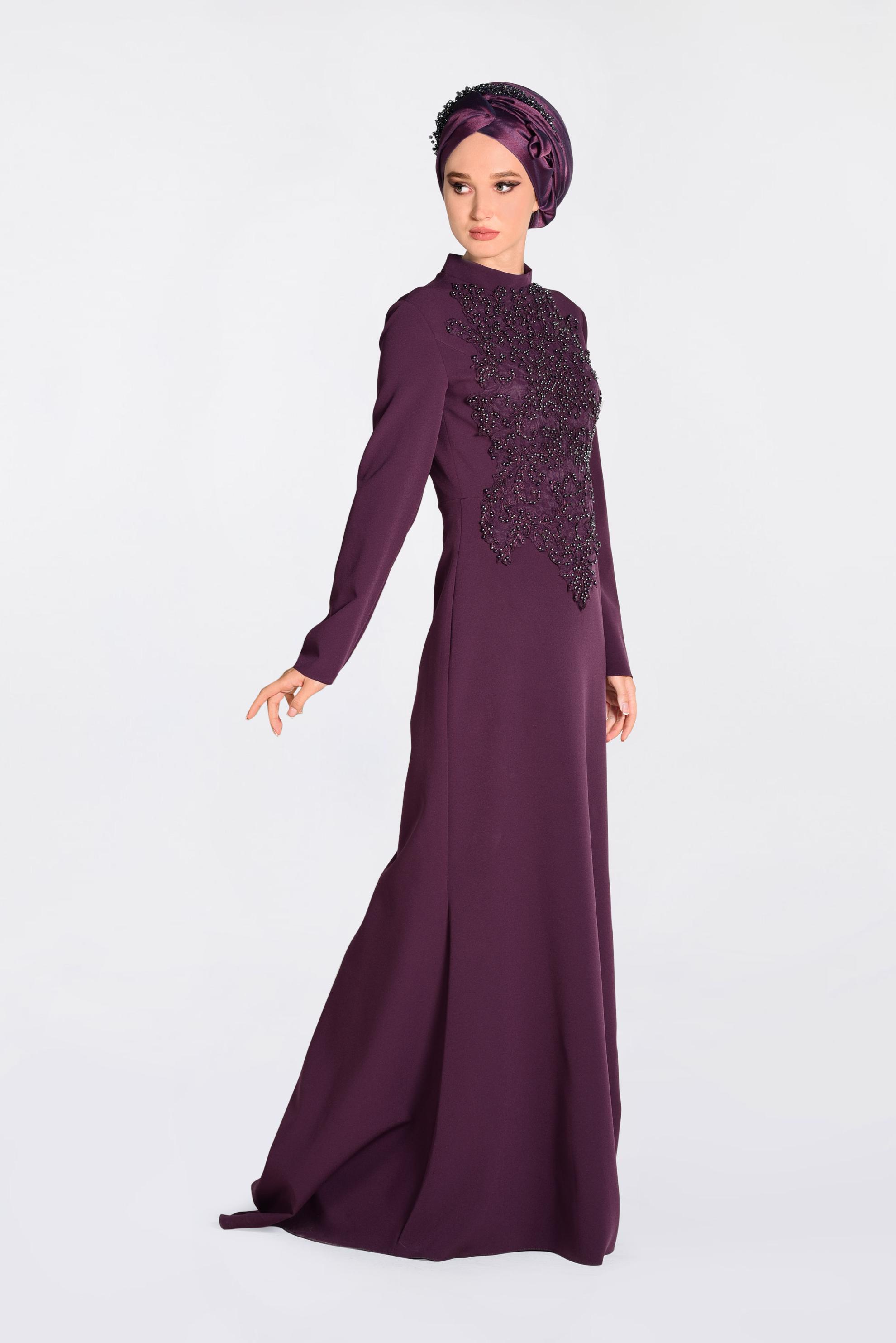 Tesettür giyim MOR GÜPÜRLÜ BALIK ABİYE ELBİSE 5511