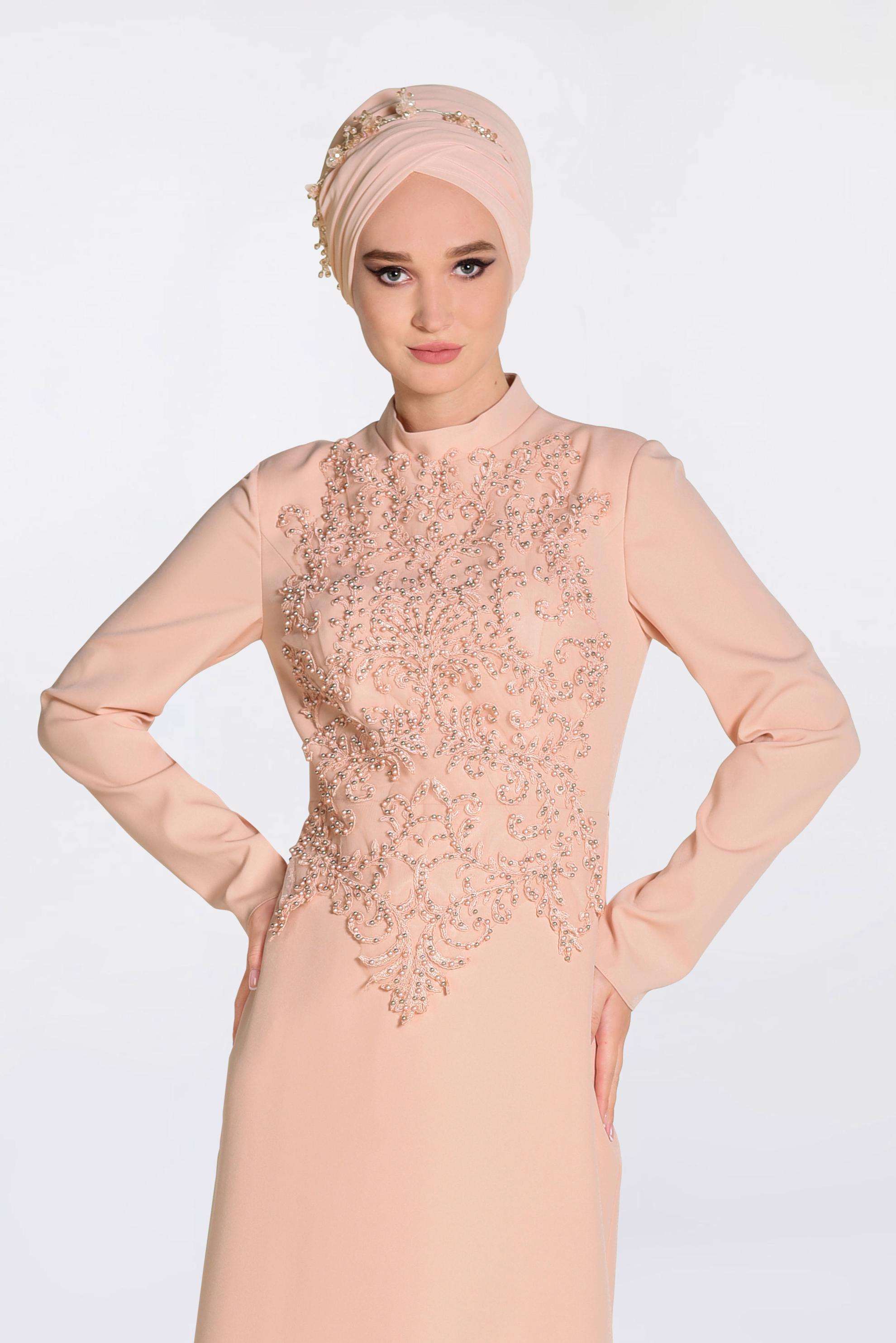 Tesettür giyim PUDRA GÜPÜRLÜ BALIK ABİYE ELBİSE 5511
