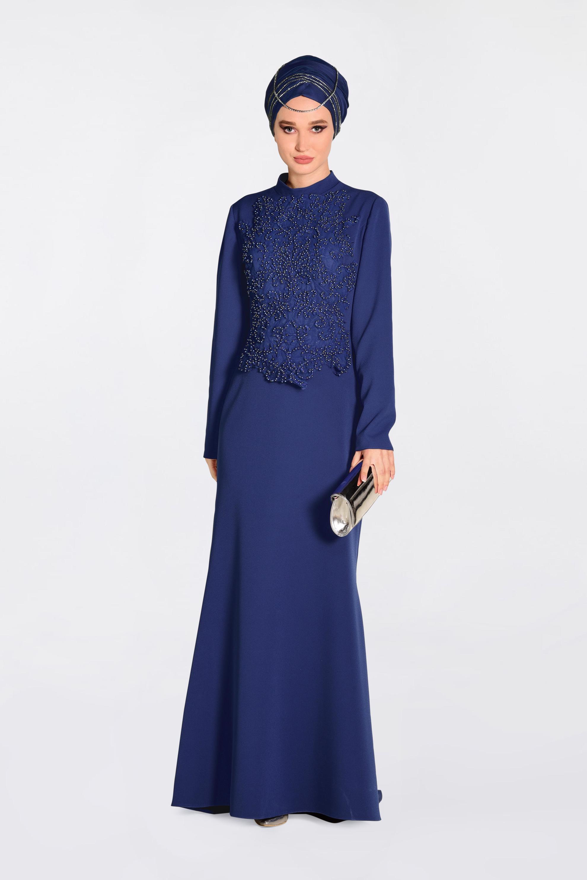 Tesettür giyim LACİVERT GÜPÜRLÜ BALIK ABİYE ELBİSE 5511