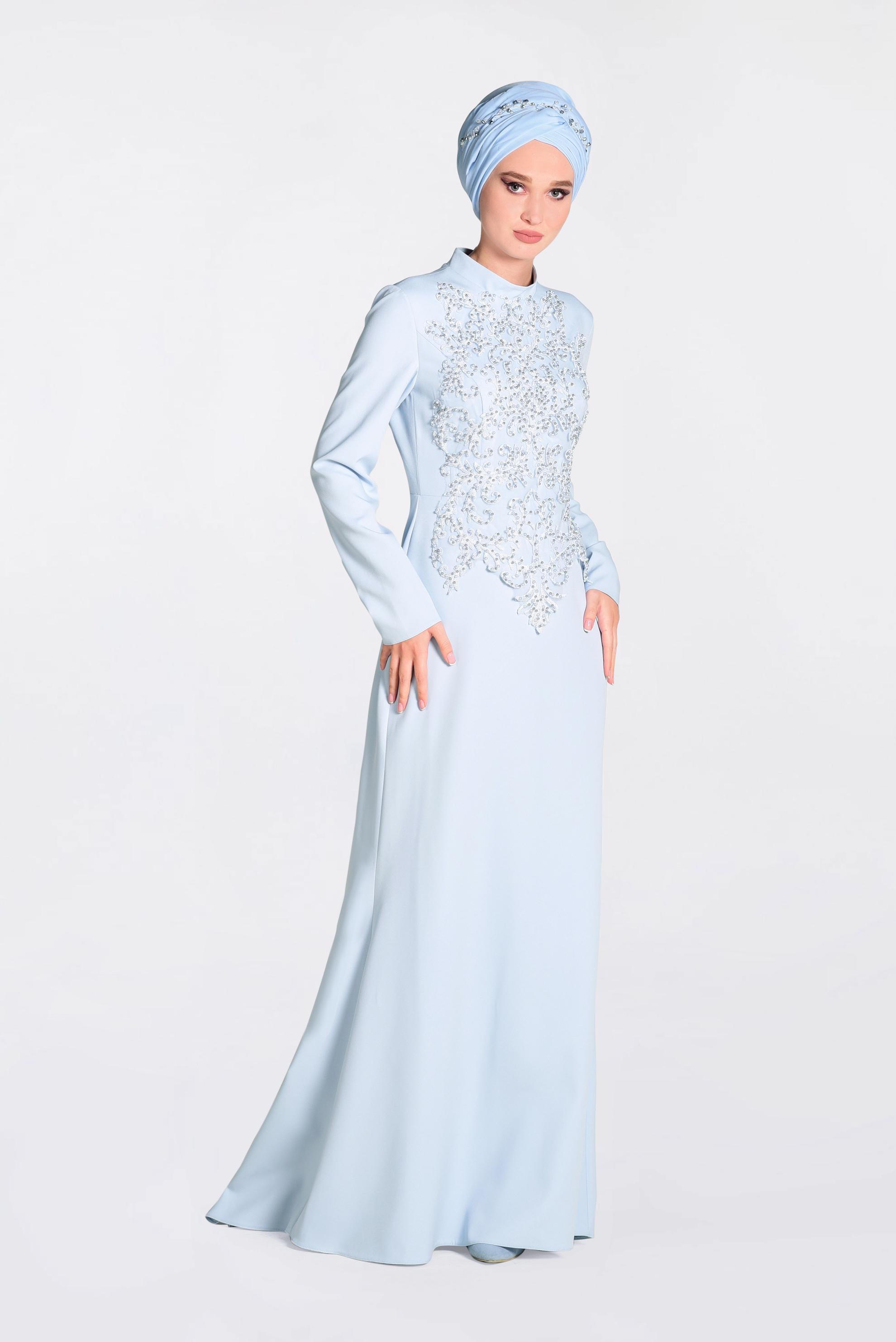 Tesettür giyim MAVİ GÜPÜRLÜ BALIK ABİYE ELBİSE 5511