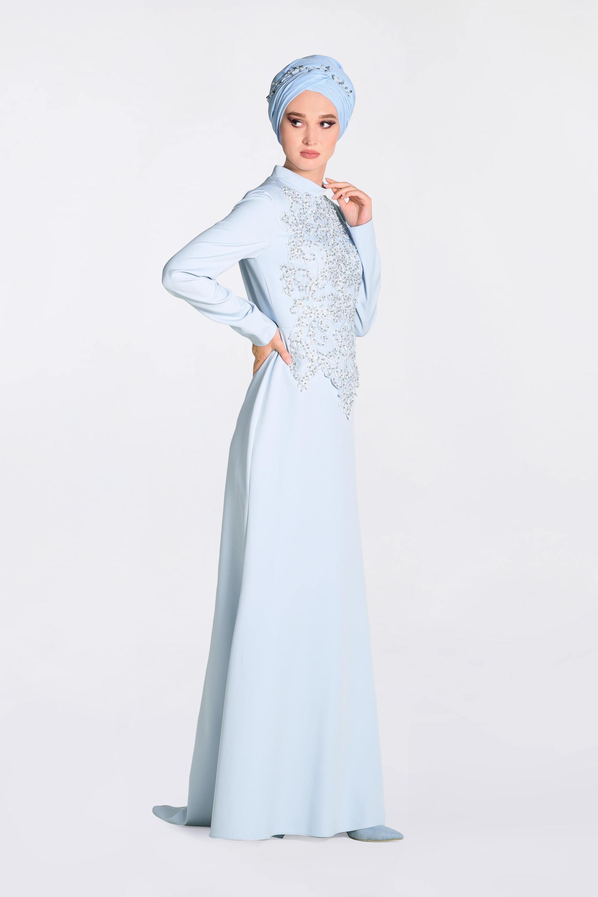 Tesettür giyim MAVİ GÜPÜRLÜ BALIK ABİYE ELBİSE 5511