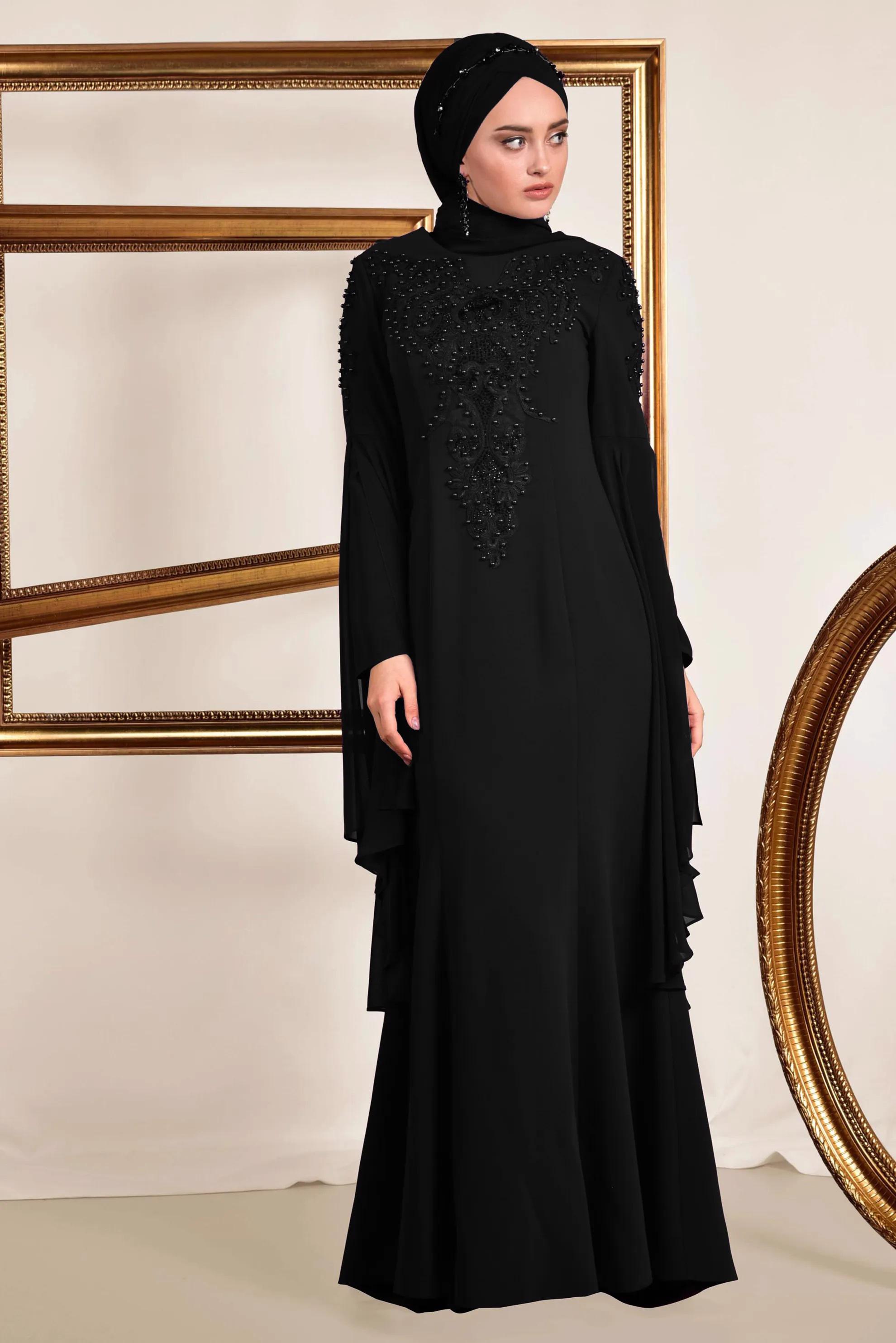 Tesettür giyim SİYAH BONCUK DETAYLI ABİYE ELBİSE 5512