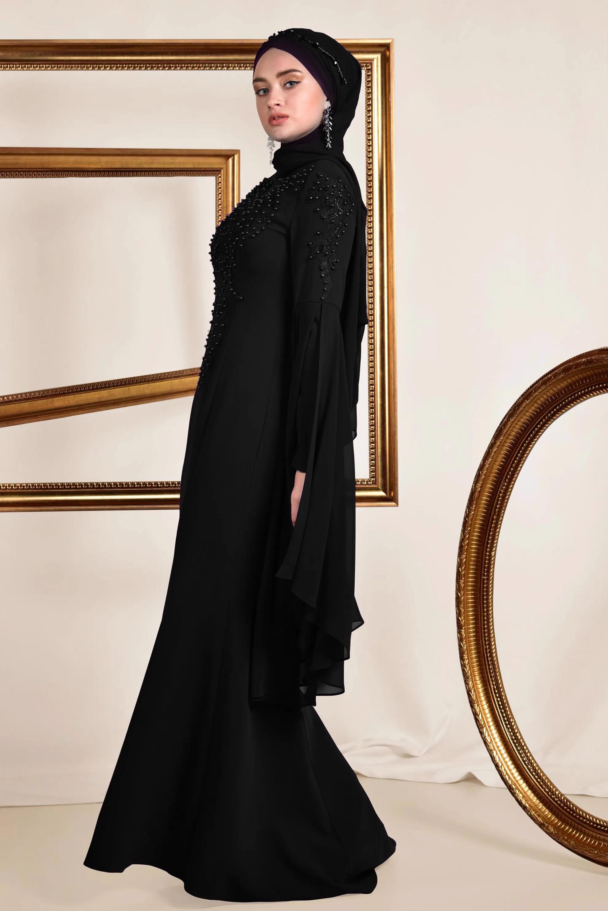 Tesettür giyim SİYAH BONCUK DETAYLI ABİYE ELBİSE 5512