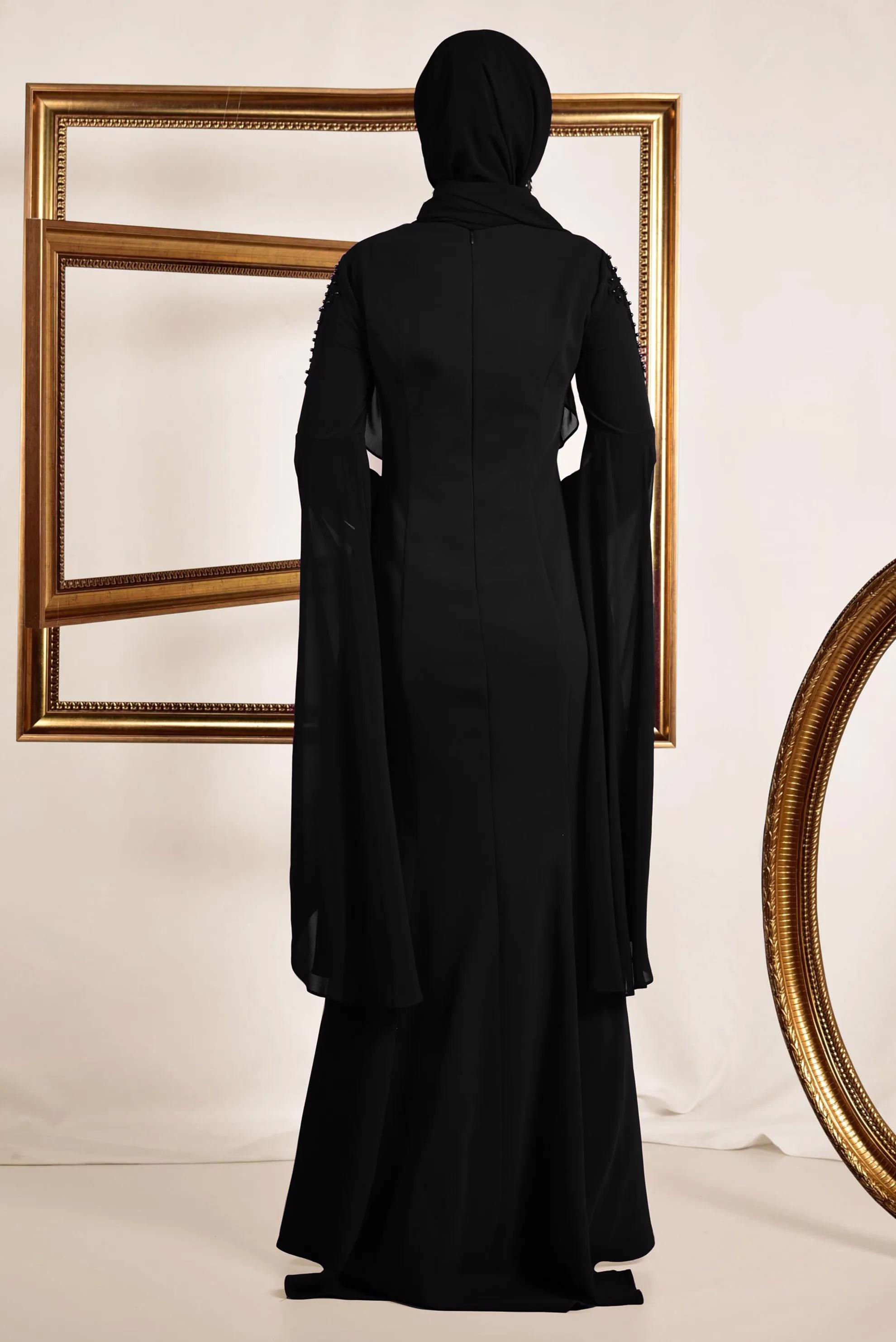 Tesettür giyim SİYAH BONCUK DETAYLI ABİYE ELBİSE 5512