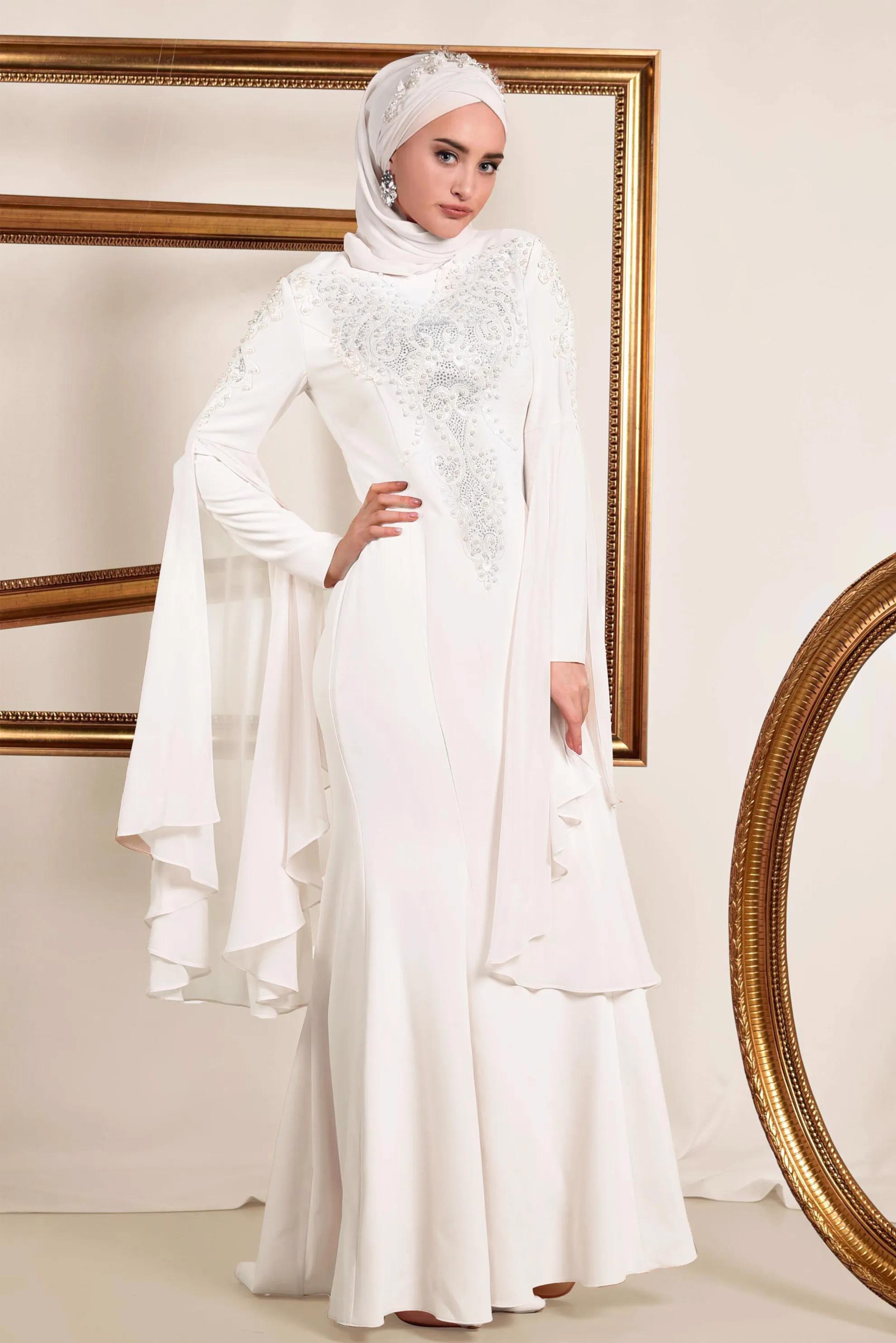 Tesettür giyim BEYAZ BONCUK DETAYLI ABİYE ELBİSE 5512