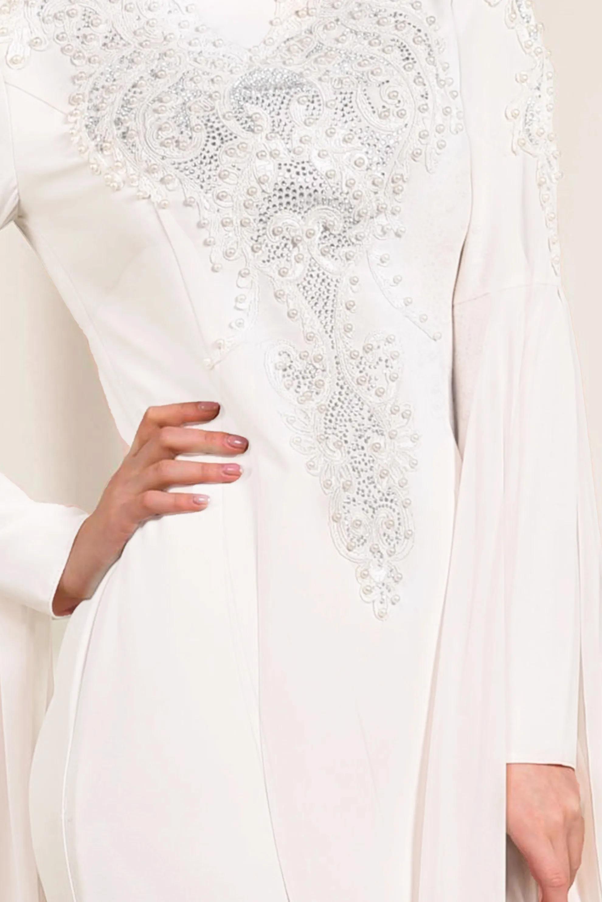 Tesettür giyim BEYAZ BONCUK DETAYLI ABİYE ELBİSE 5512