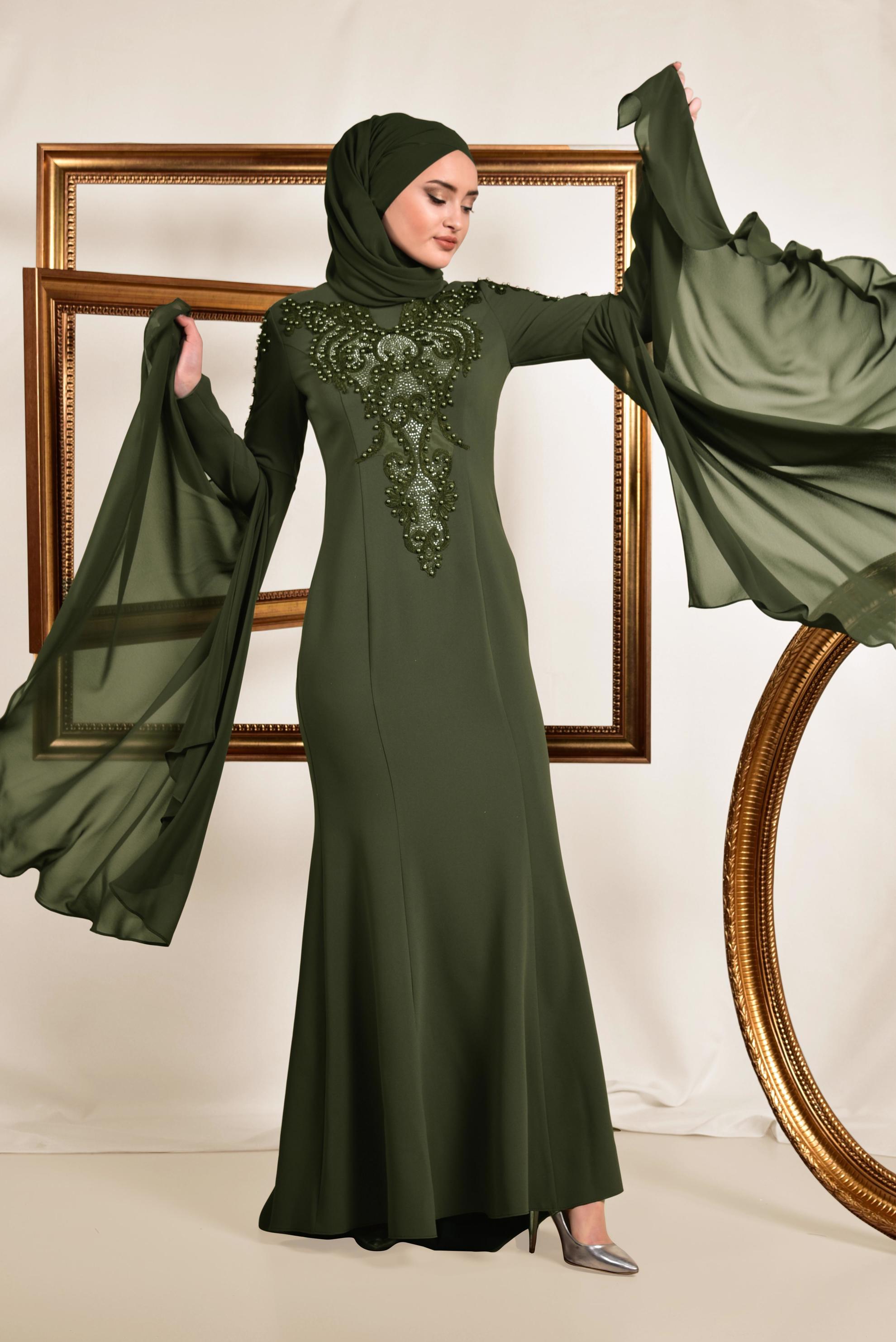 Tesettür giyim HAKİ BONCUK DETAYLI ABİYE ELBİSE 5512