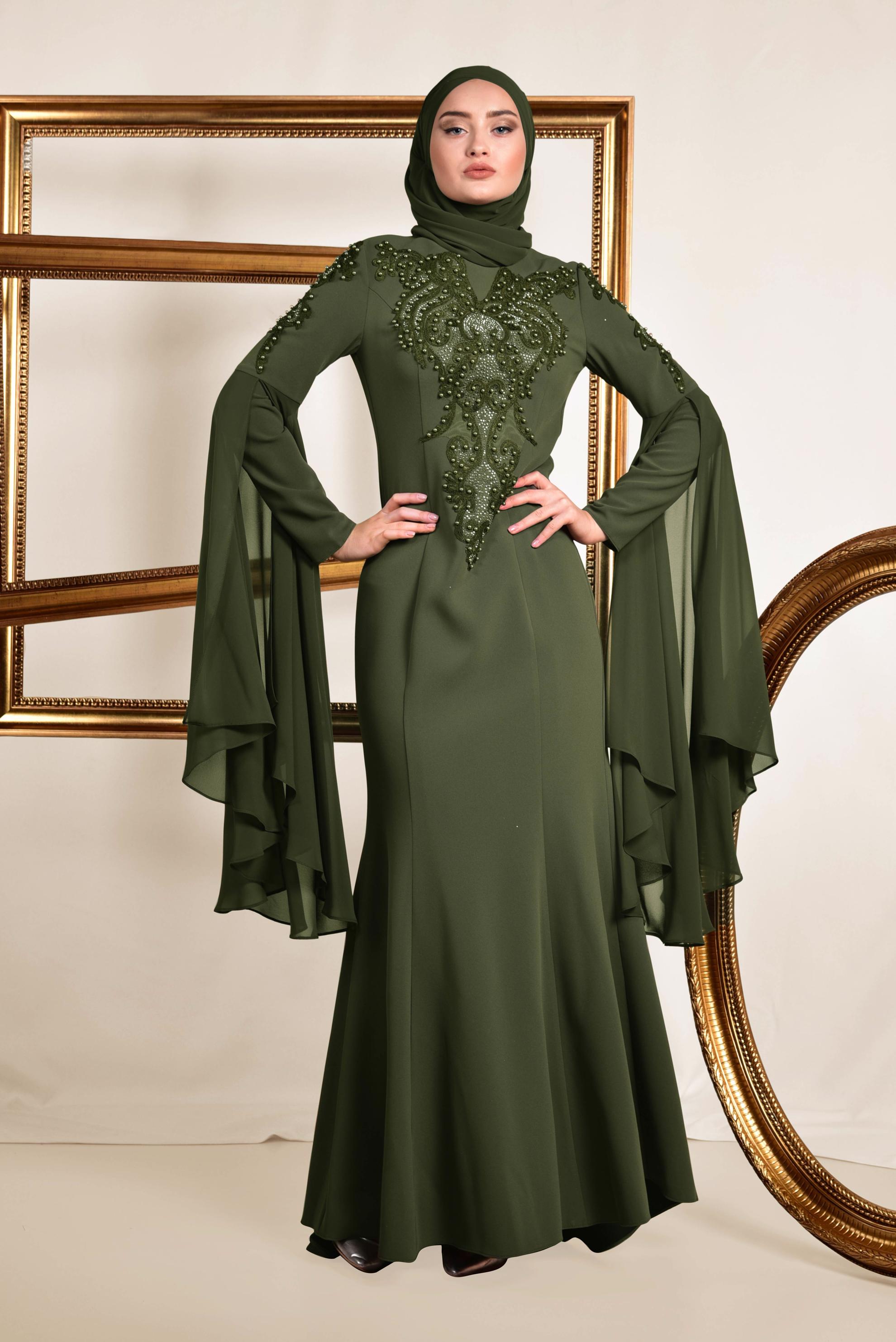 Tesettür giyim HAKİ BONCUK DETAYLI ABİYE ELBİSE 5512