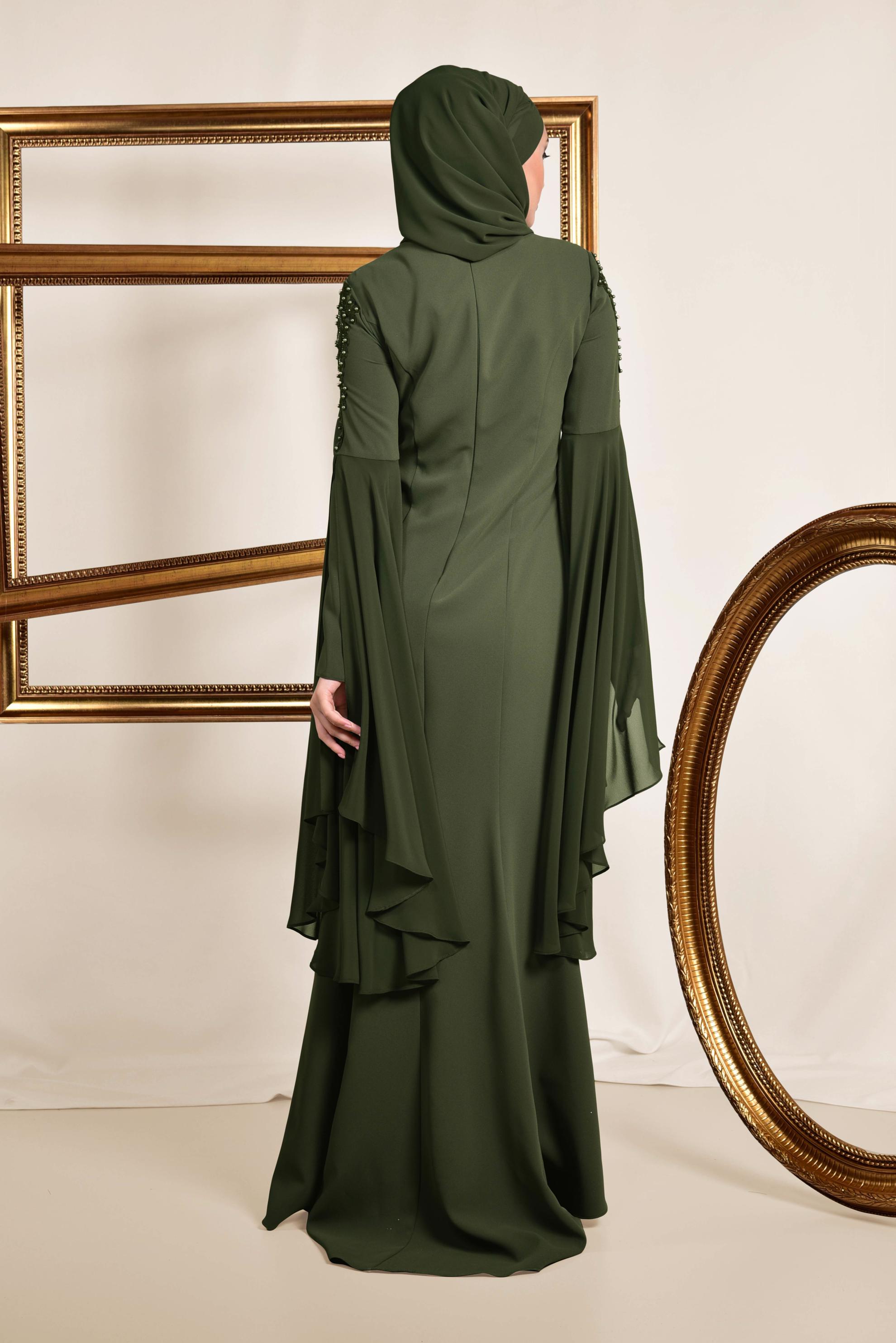 Tesettür giyim HAKİ BONCUK DETAYLI ABİYE ELBİSE 5512