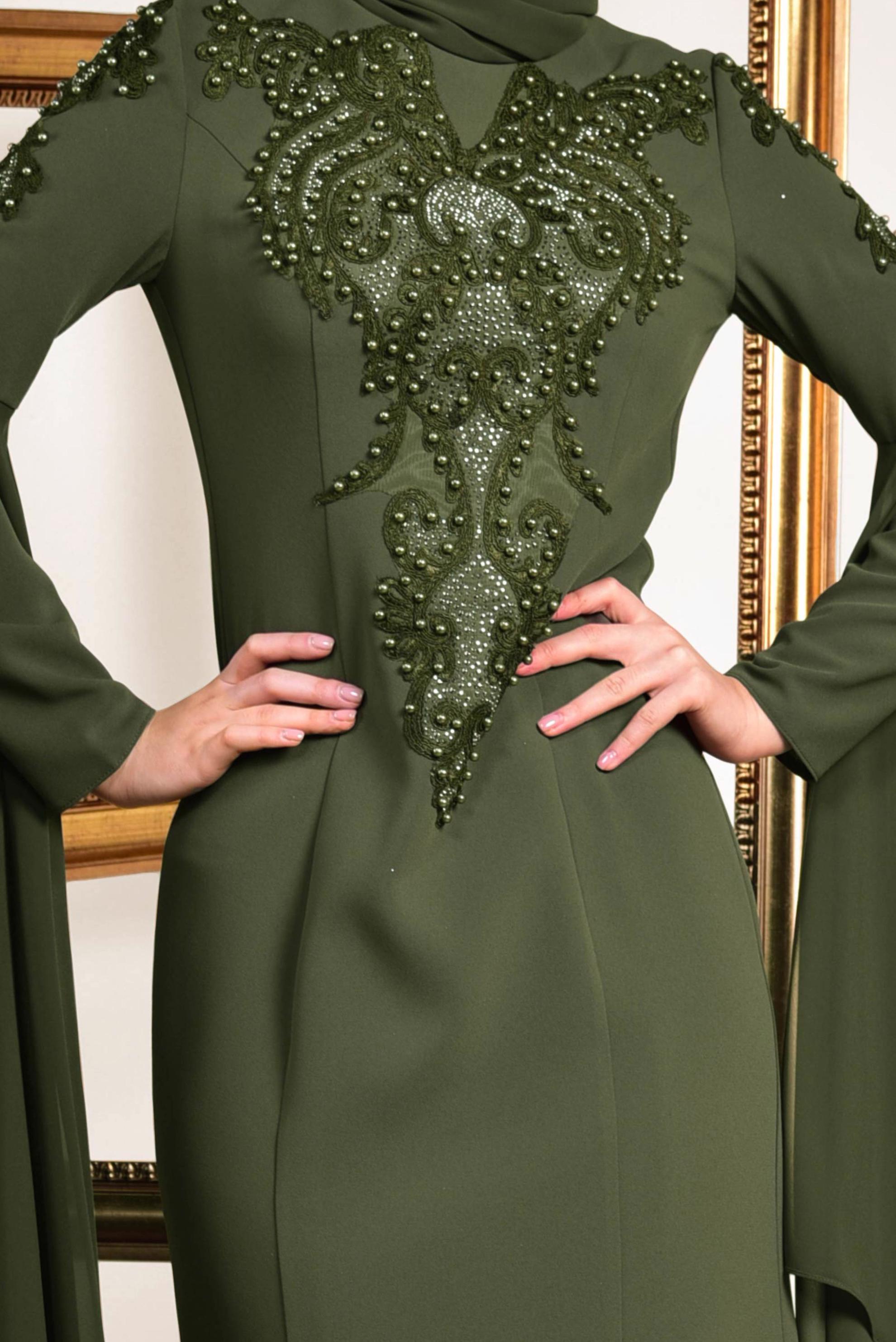 Tesettür giyim HAKİ BONCUK DETAYLI ABİYE ELBİSE 5512