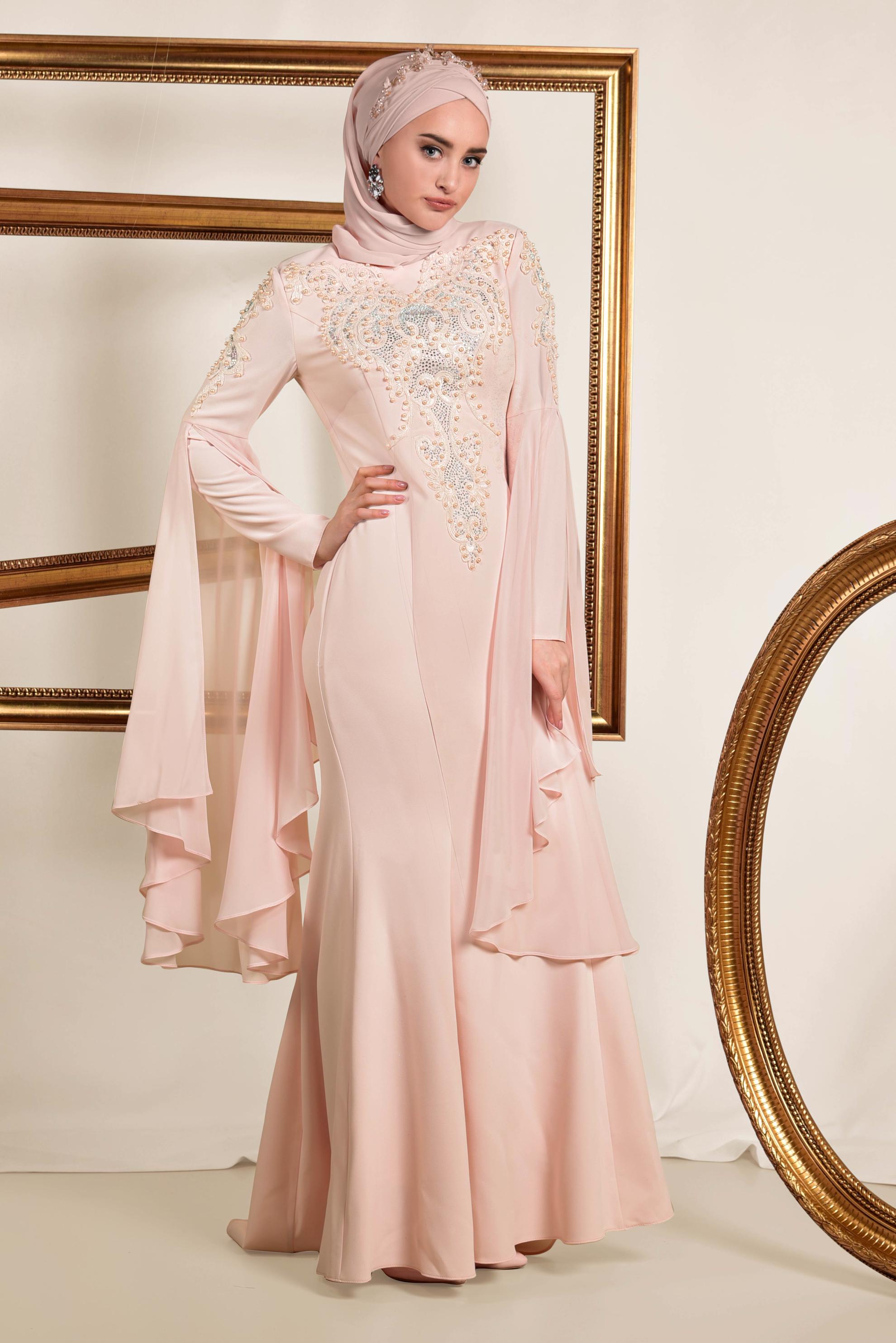 Tesettür giyim PUDRA BONCUK DETAYLI ABİYE ELBİSE 5512