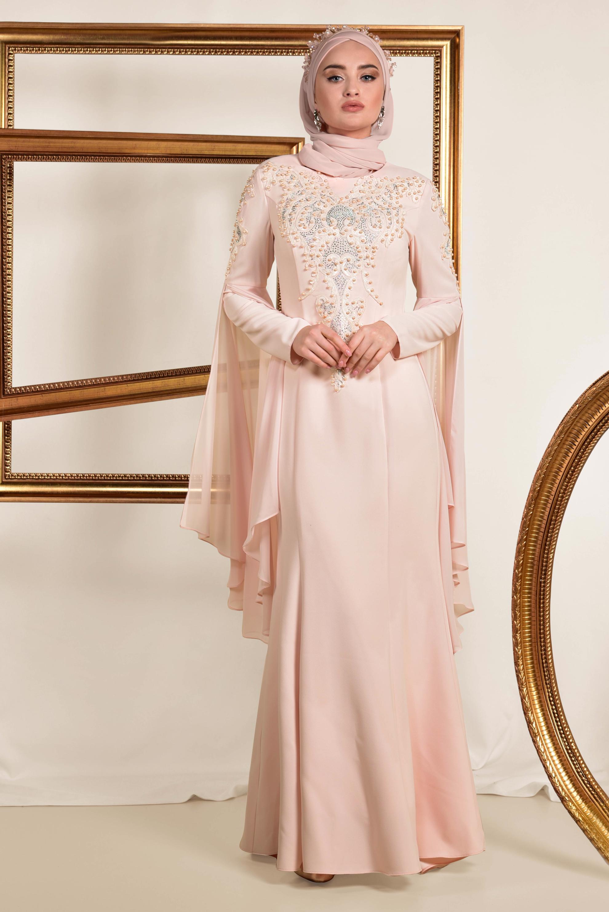 Tesettür giyim PUDRA BONCUK DETAYLI ABİYE ELBİSE 5512