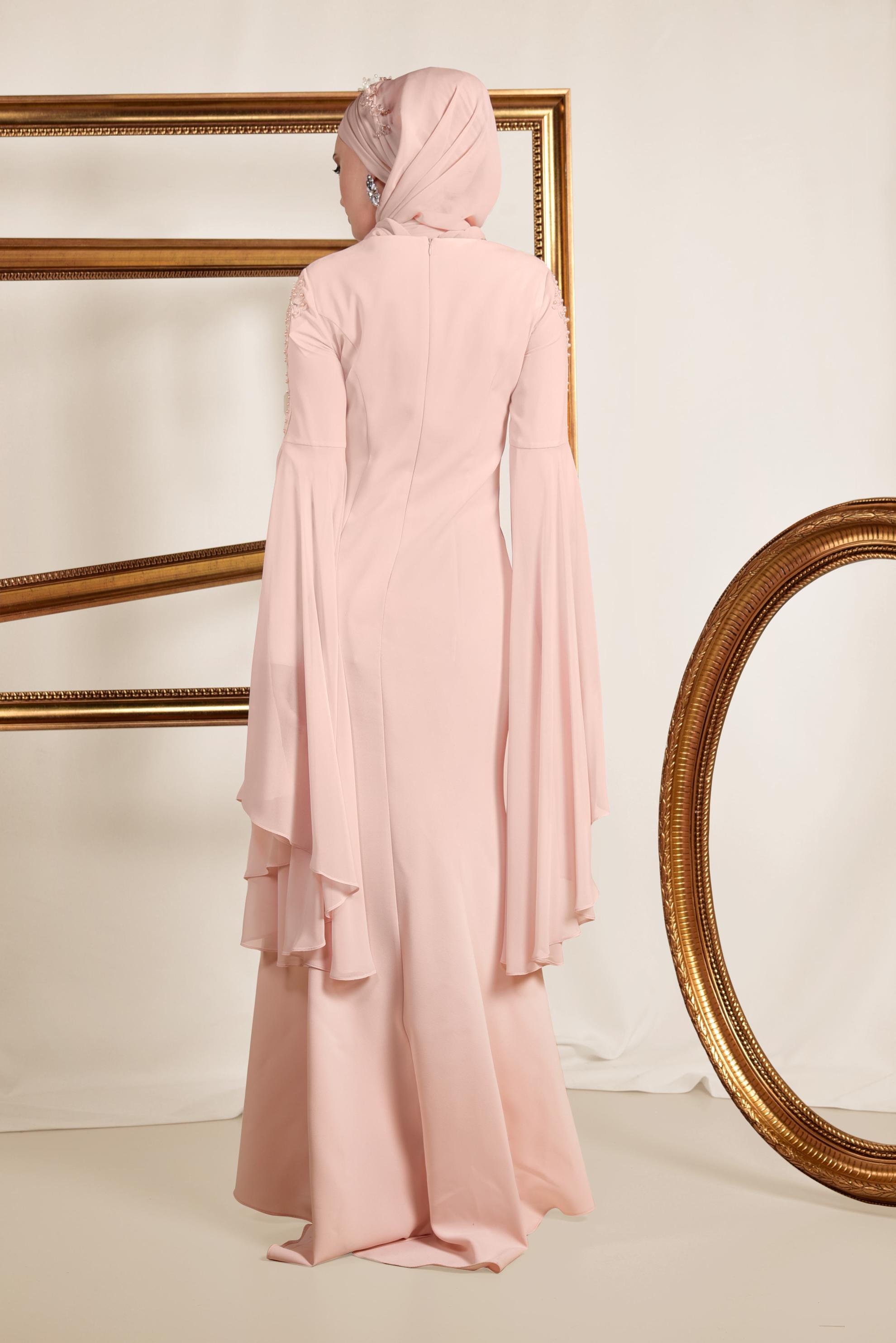 Tesettür giyim PUDRA BONCUK DETAYLI ABİYE ELBİSE 5512