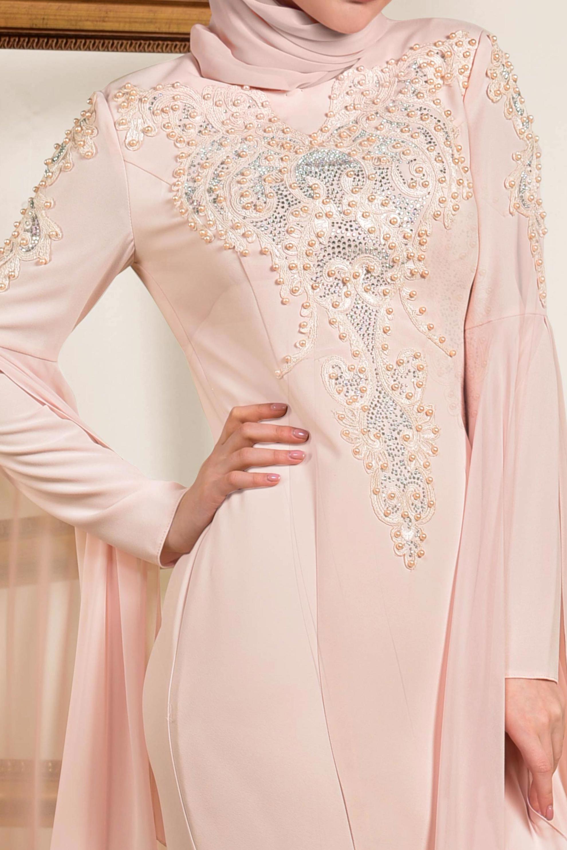 Tesettür giyim PUDRA BONCUK DETAYLI ABİYE ELBİSE 5512