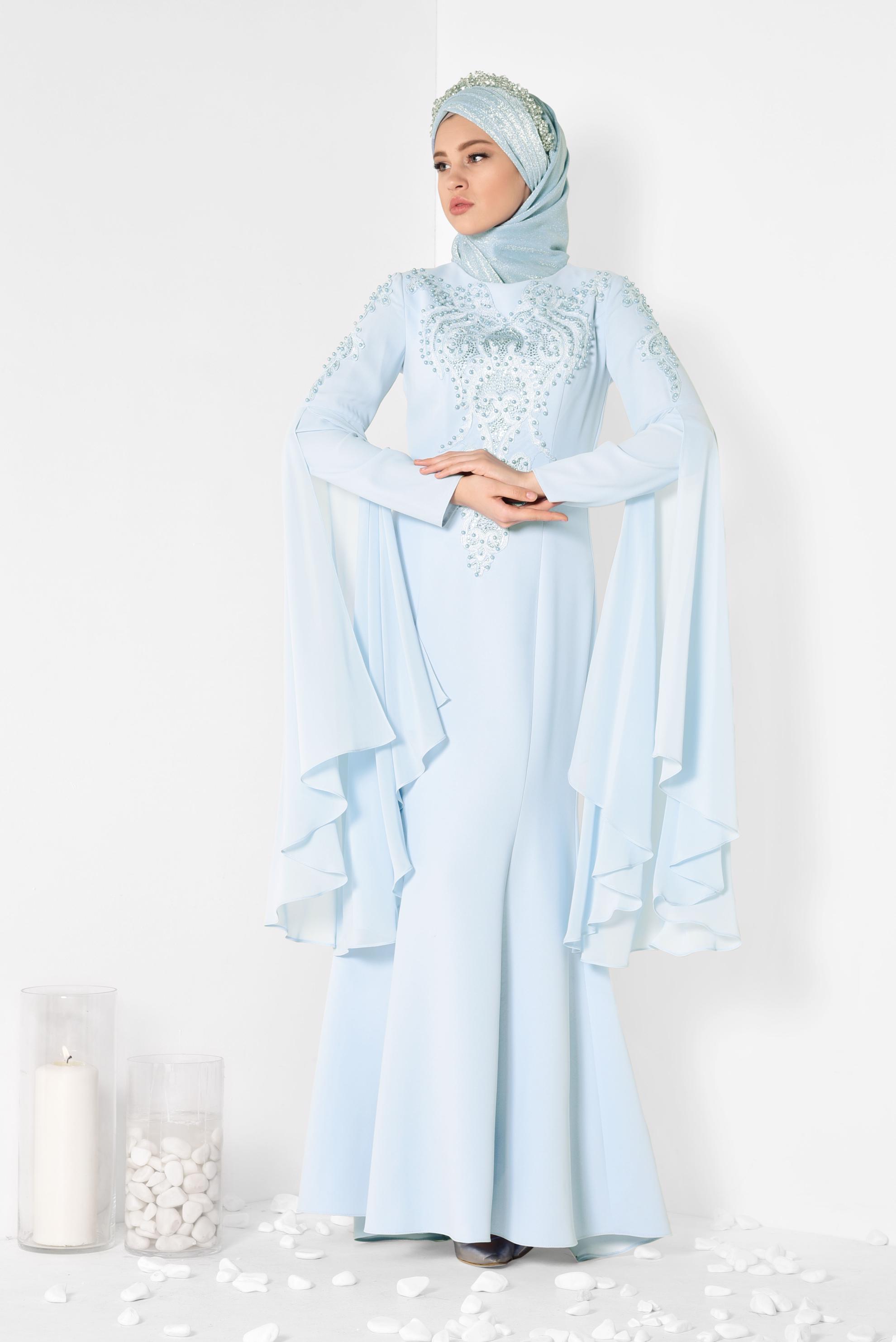 Tesettür giyim MAVİ BONCUK DETAYLI ABİYE ELBİSE 5512