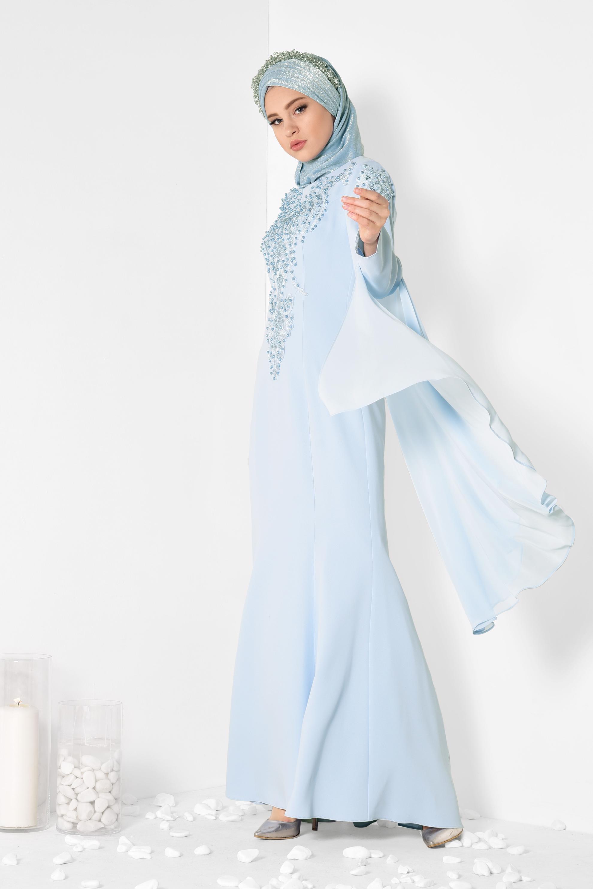 Tesettür giyim MAVİ BONCUK DETAYLI ABİYE ELBİSE 5512