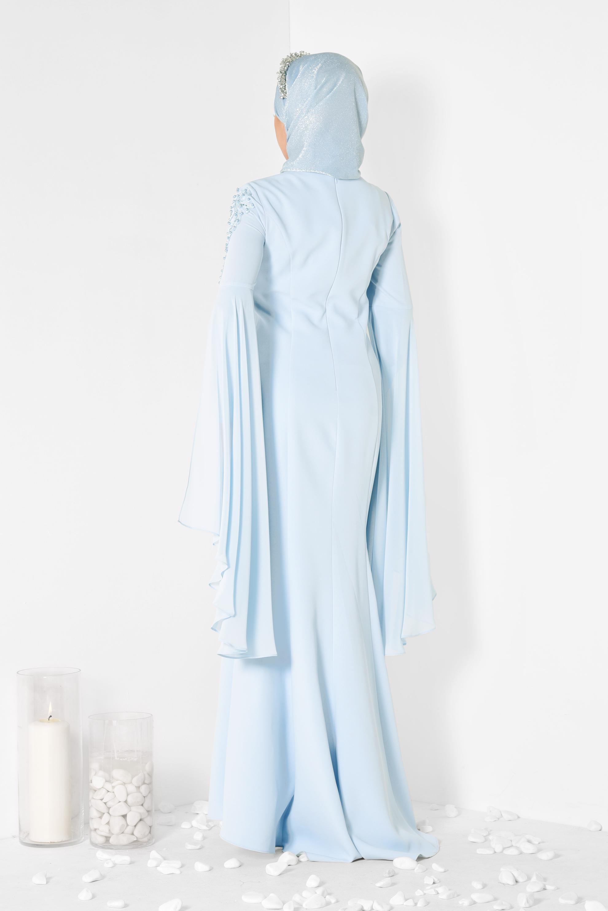 Tesettür giyim MAVİ BONCUK DETAYLI ABİYE ELBİSE 5512