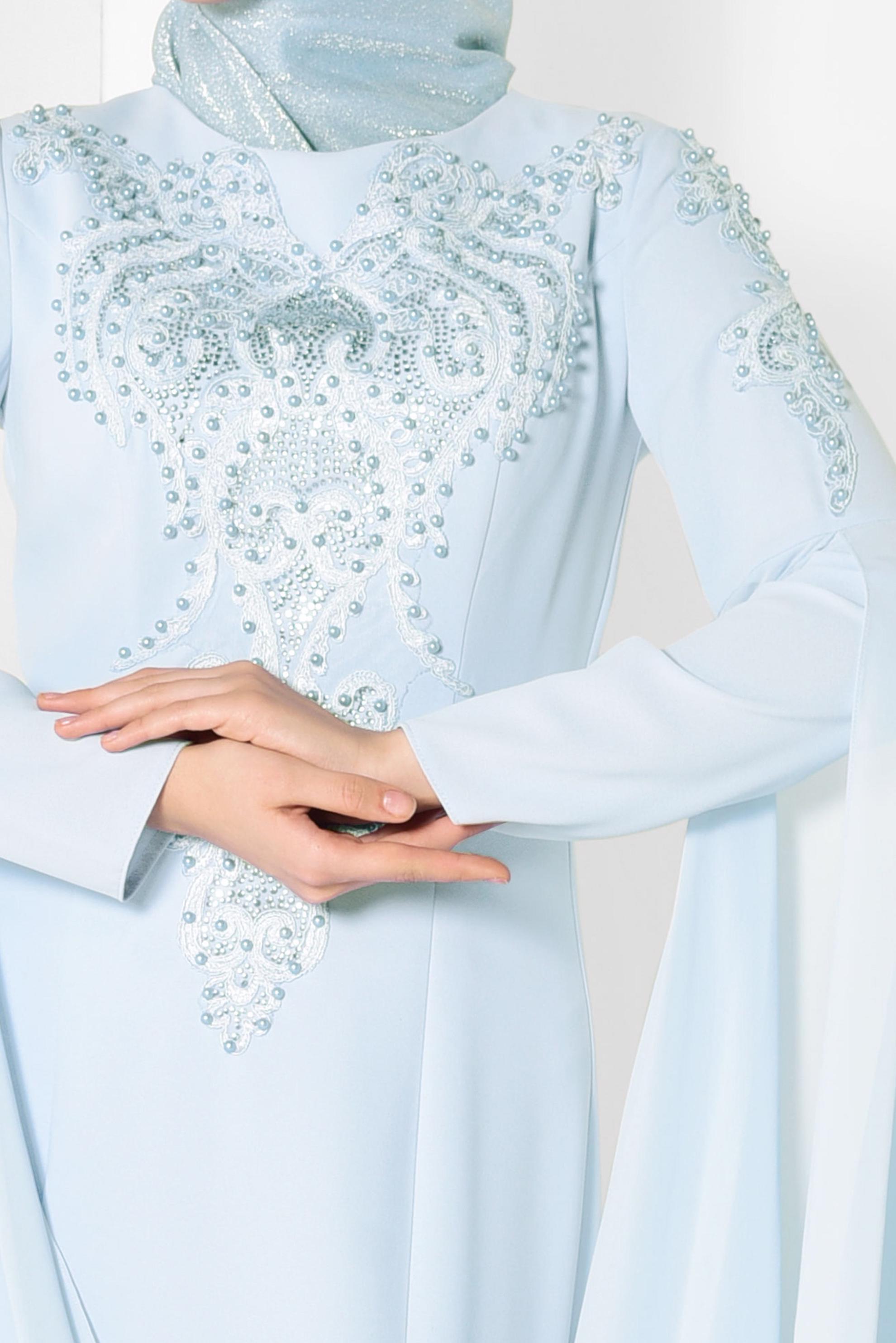 Tesettür giyim MAVİ BONCUK DETAYLI ABİYE ELBİSE 5512