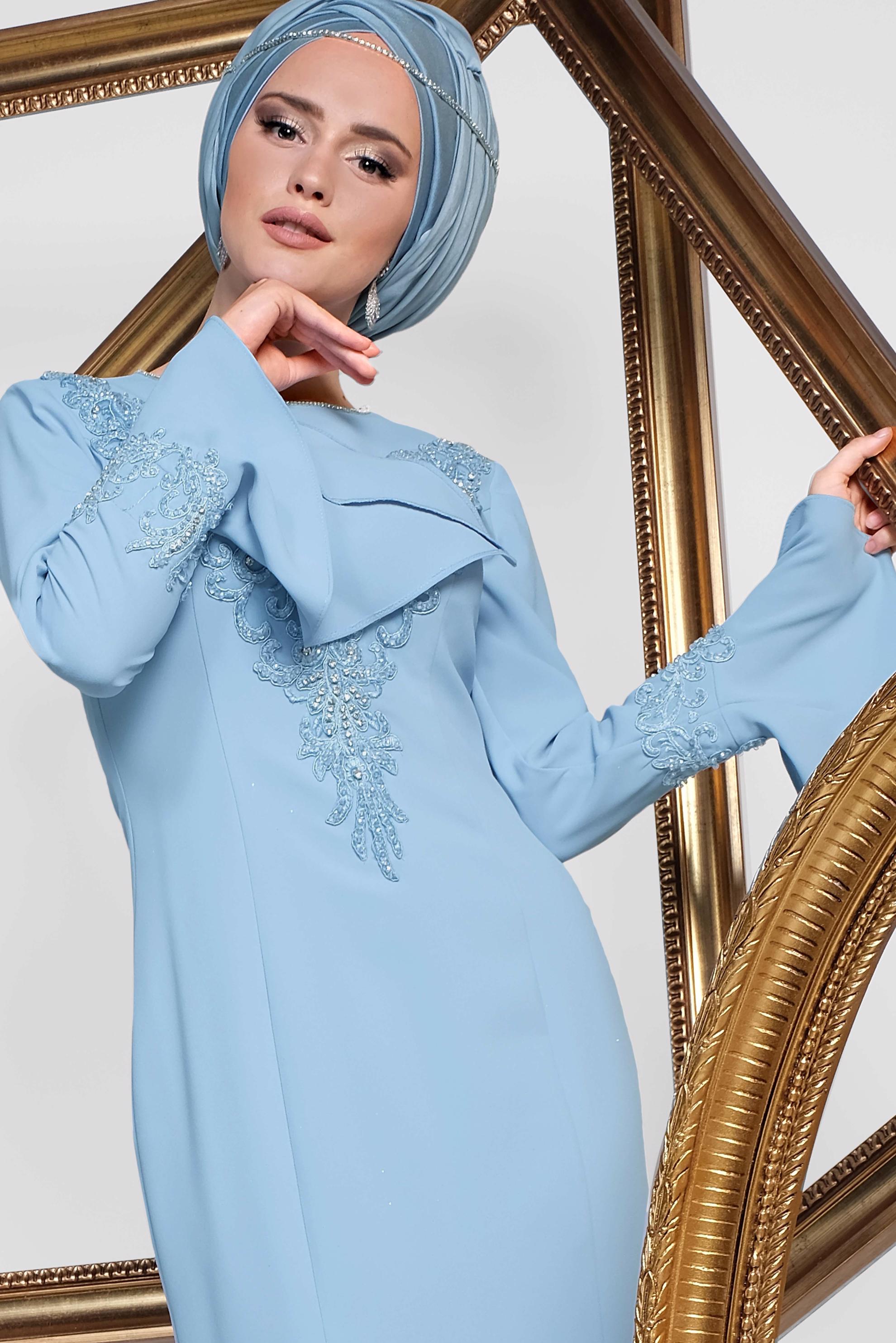 Tesettür giyim MAVİ GÜPÜR İŞLEMELİ BALIK ABİYE ELBİSE 5513