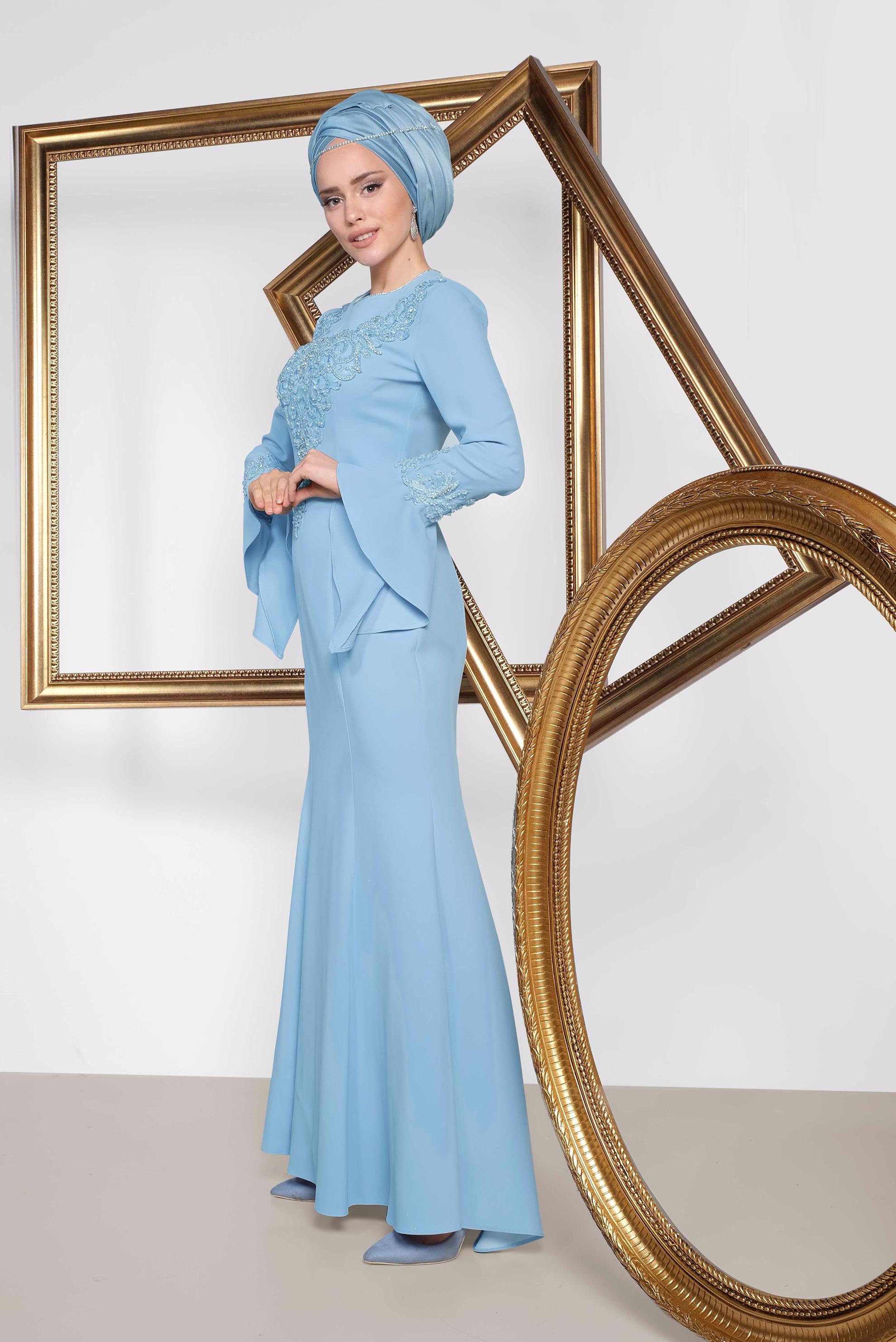 Tesettür giyim MAVİ GÜPÜR İŞLEMELİ BALIK ABİYE ELBİSE 5513