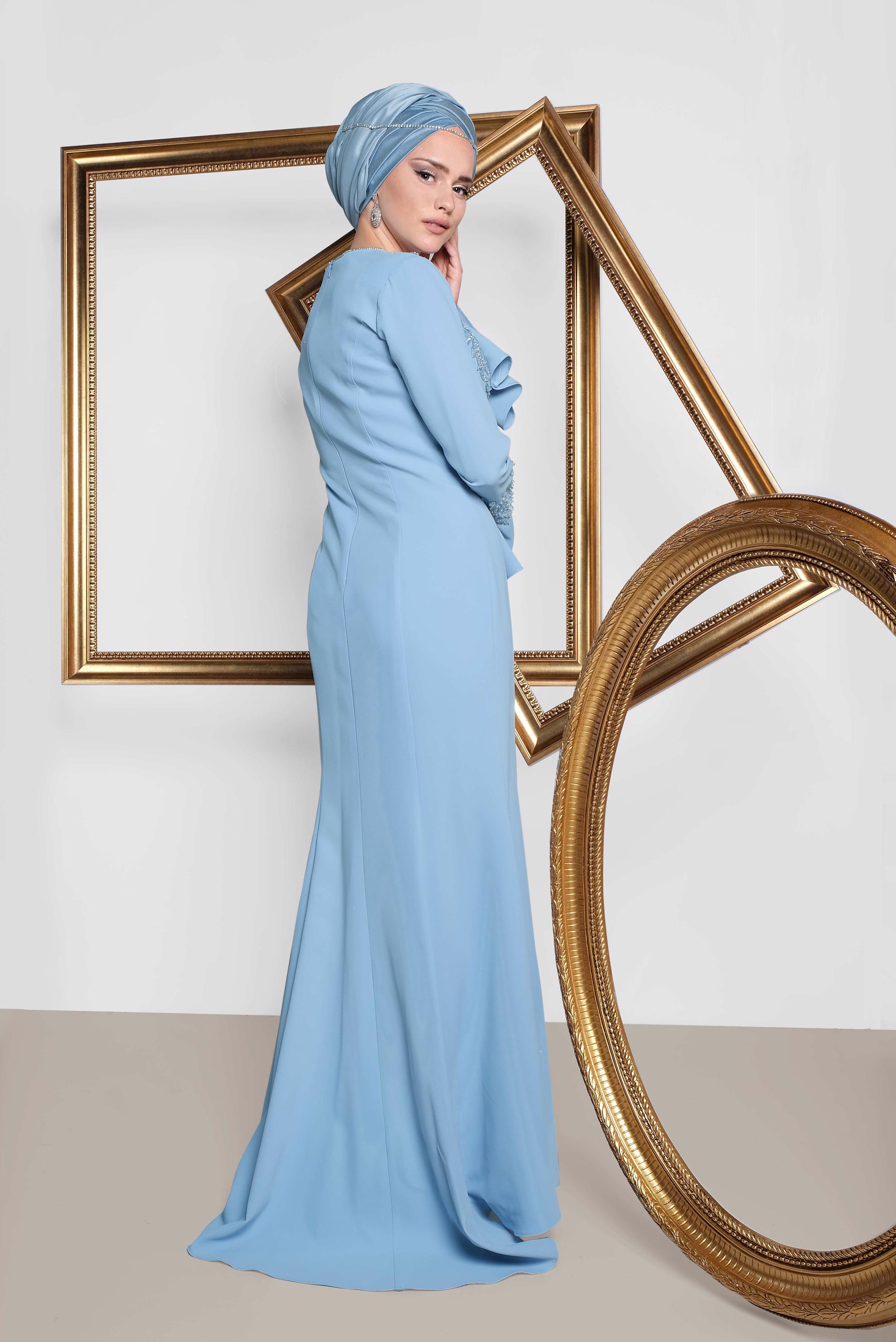 Tesettür giyim MAVİ GÜPÜR İŞLEMELİ BALIK ABİYE ELBİSE 5513