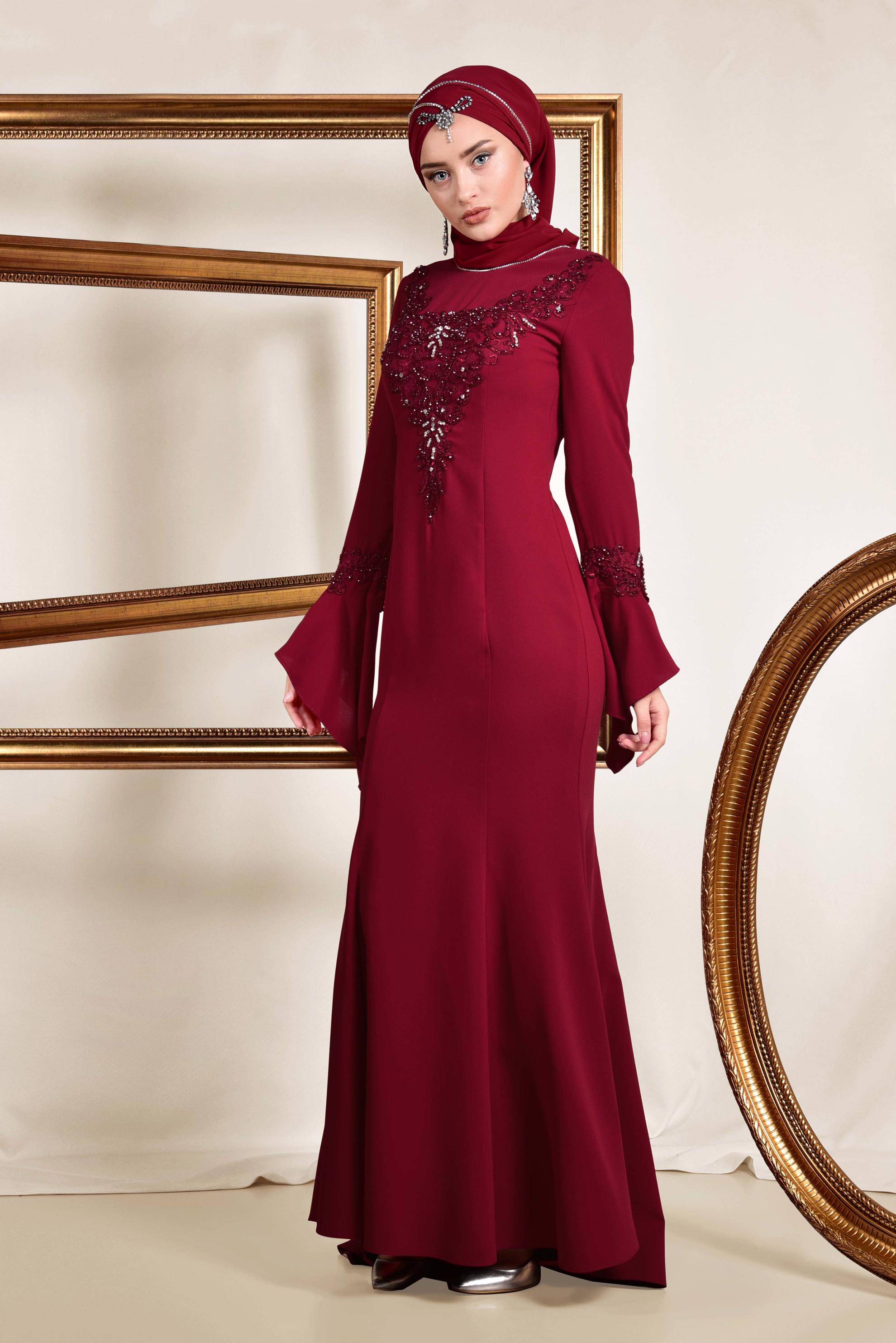 Tesettür giyim BORDO GÜPÜR İŞLEMELİ BALIK ABİYE ELBİSE 5513