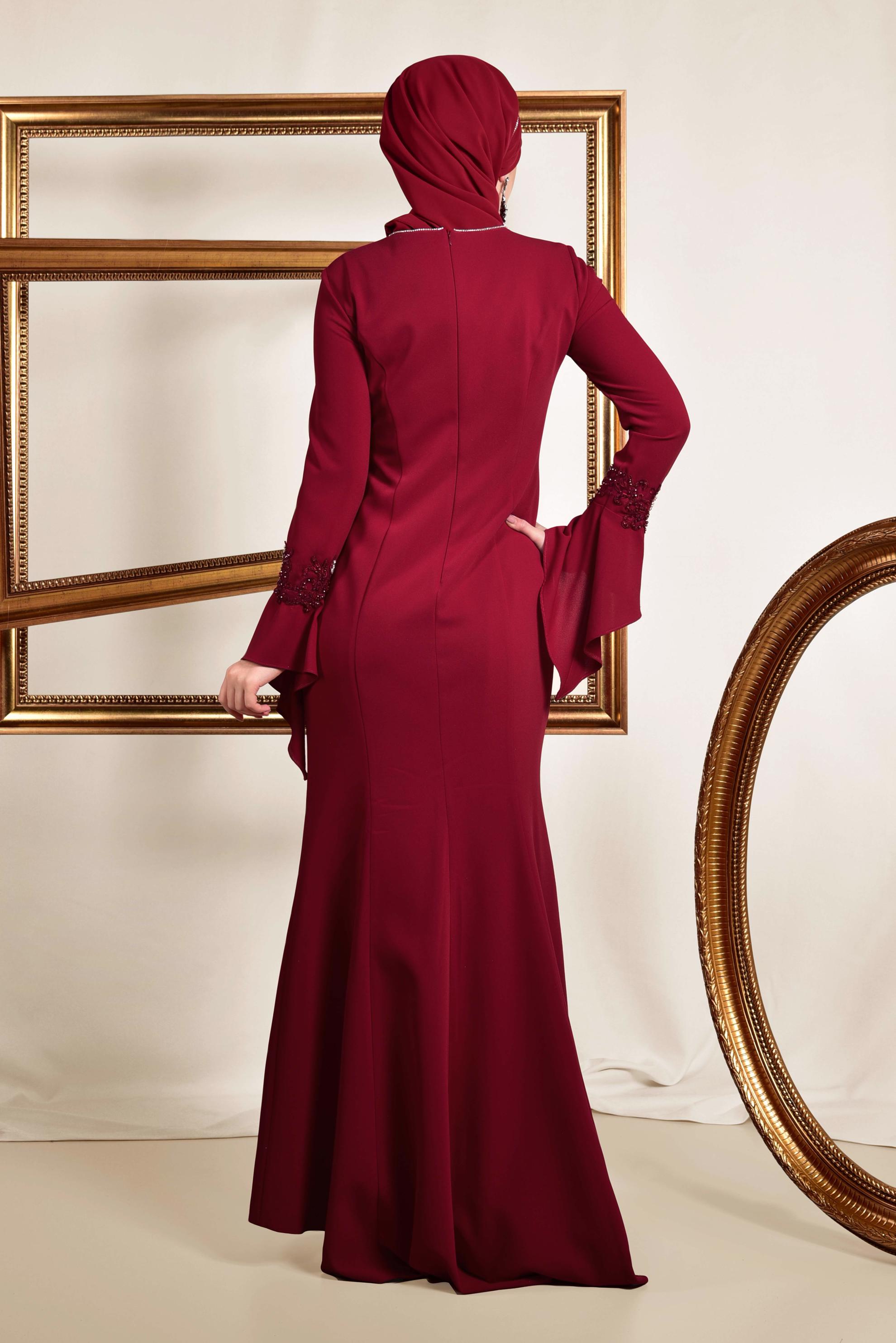 Tesettür giyim BORDO GÜPÜR İŞLEMELİ BALIK ABİYE ELBİSE 5513