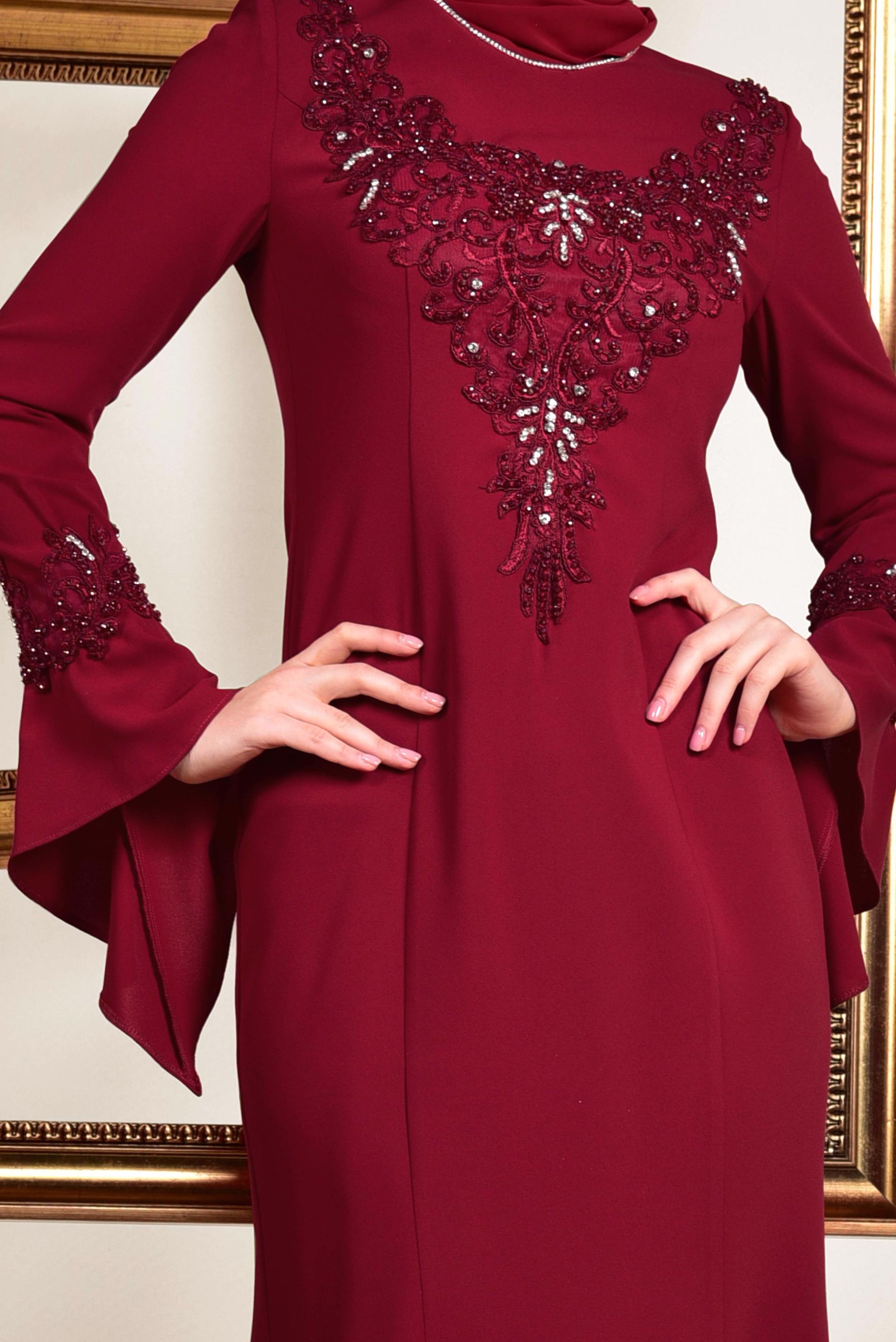 Tesettür giyim BORDO GÜPÜR İŞLEMELİ BALIK ABİYE ELBİSE 5513