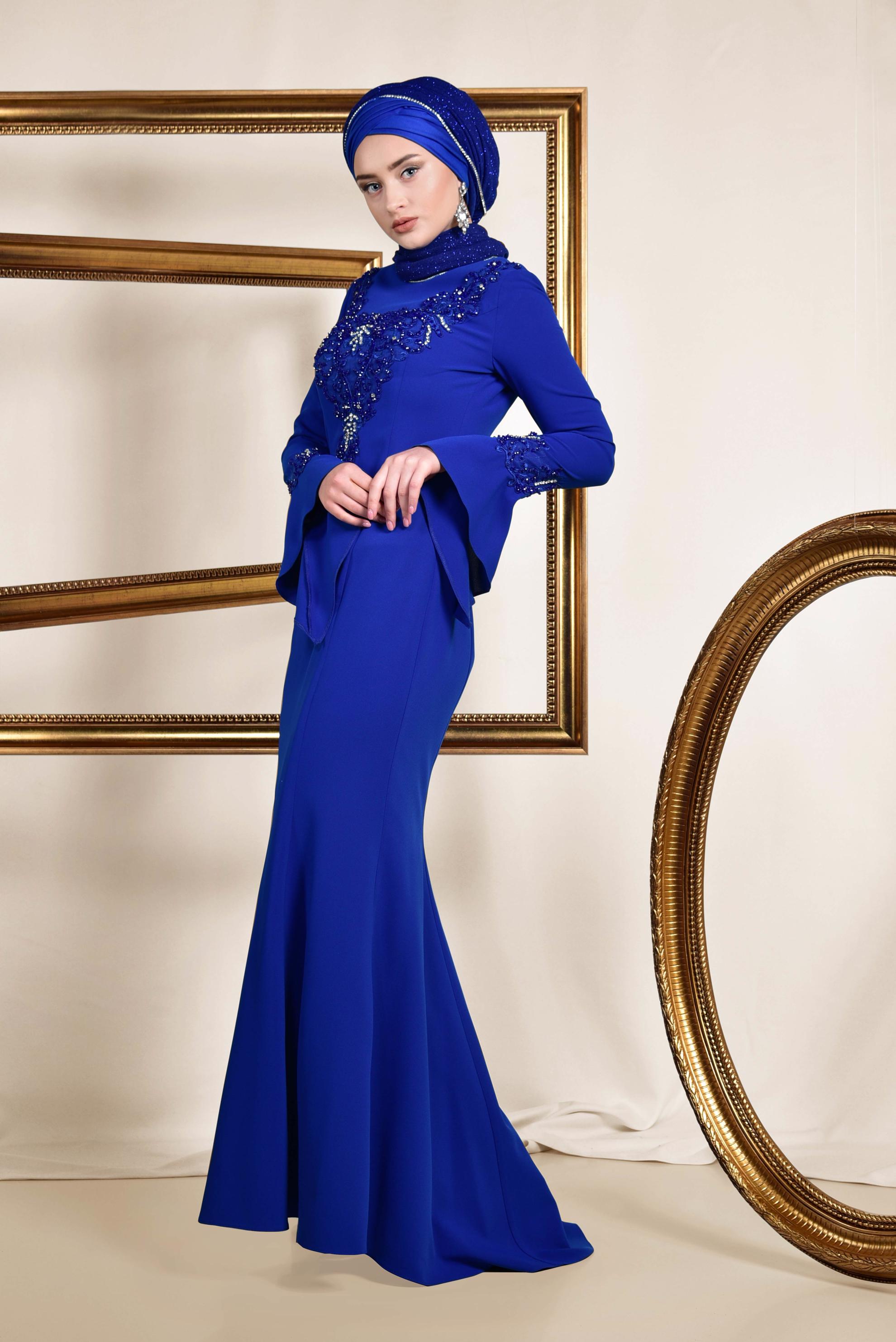 Tesettür giyim LACİVERT GÜPÜR İŞLEMELİ BALIK ABİYE ELBİSE 5513