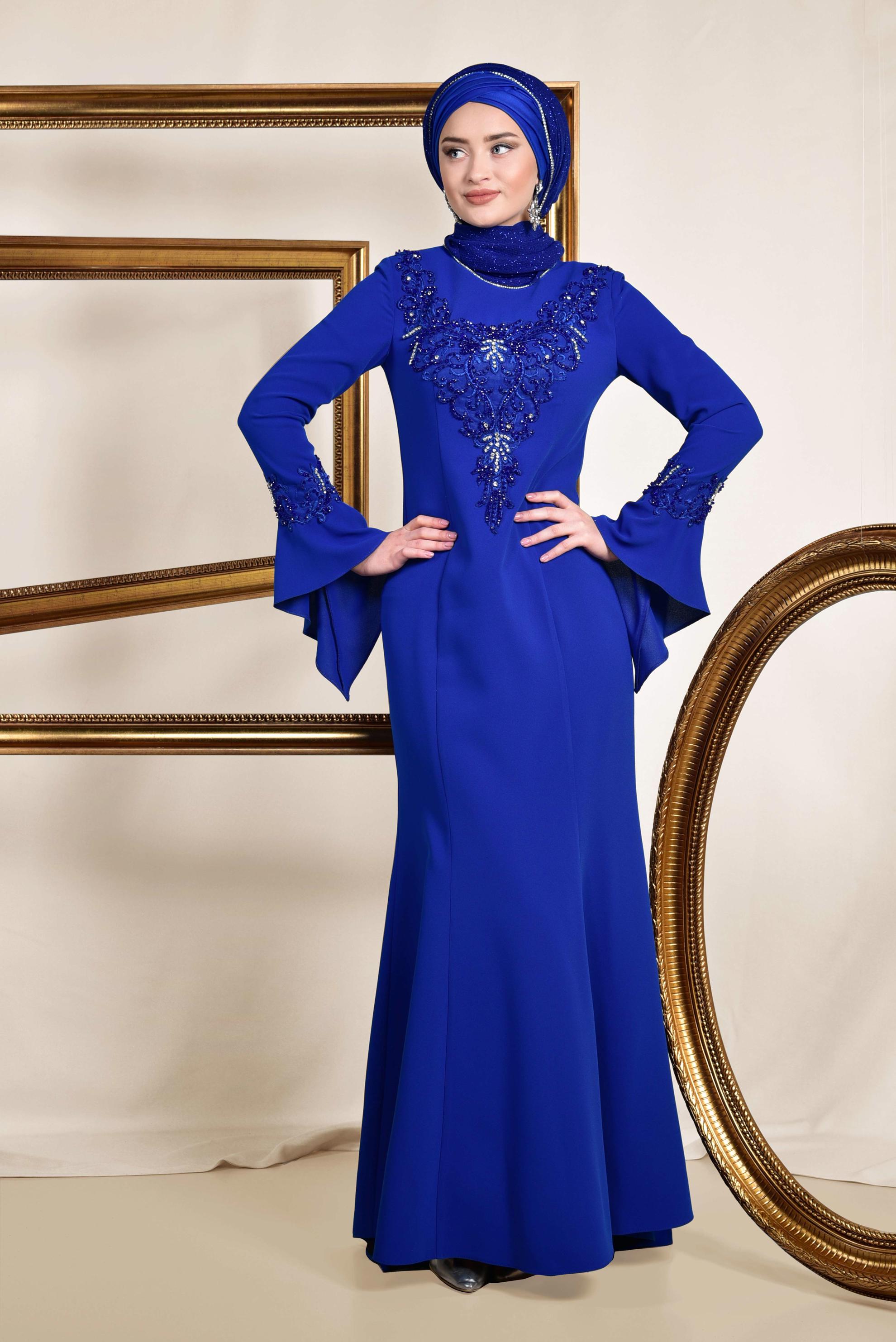 Tesettür giyim LACİVERT GÜPÜR İŞLEMELİ BALIK ABİYE ELBİSE 5513