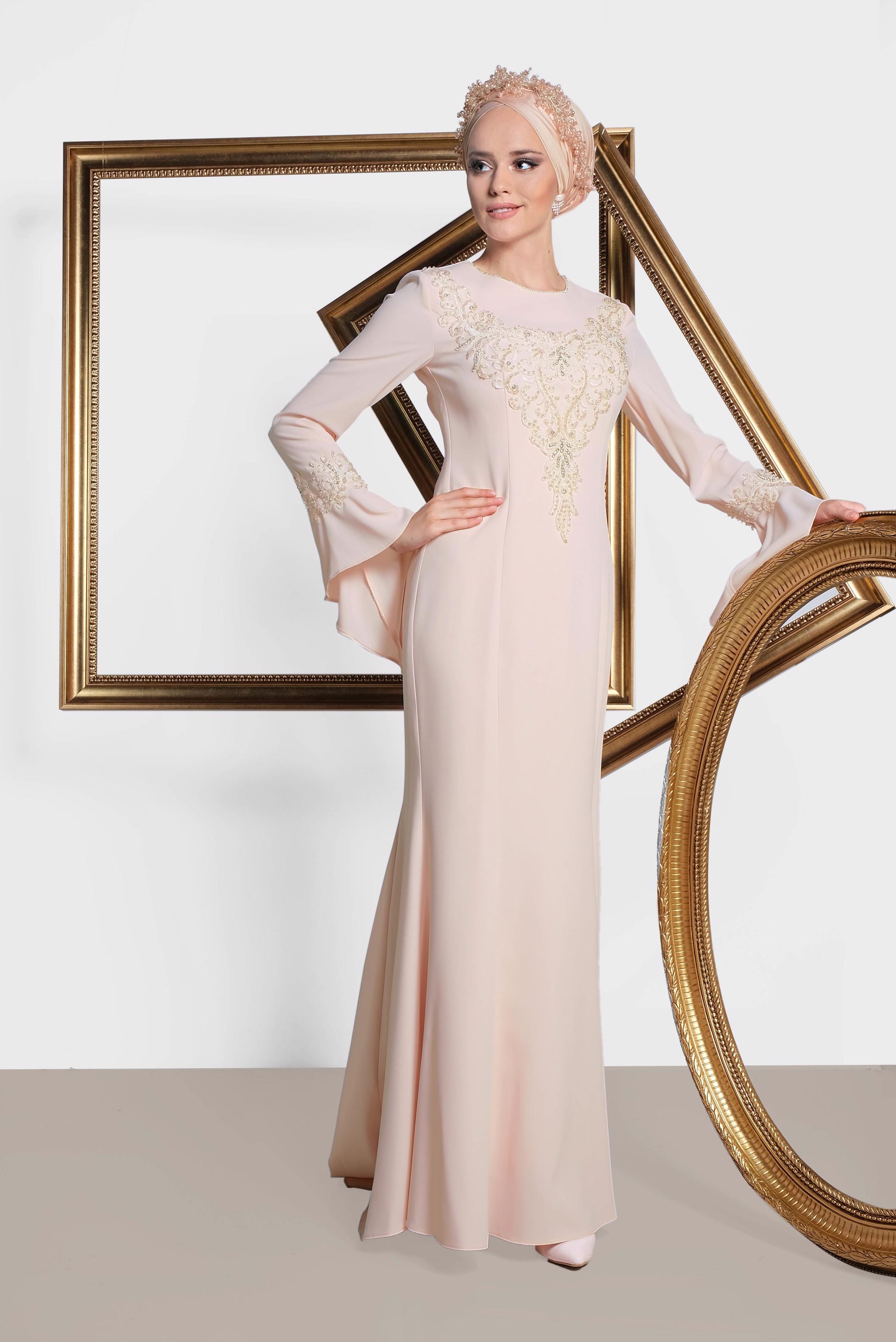 Tesettür giyim PUDRA GÜPÜR İŞLEMELİ BALIK ABİYE ELBİSE 5513