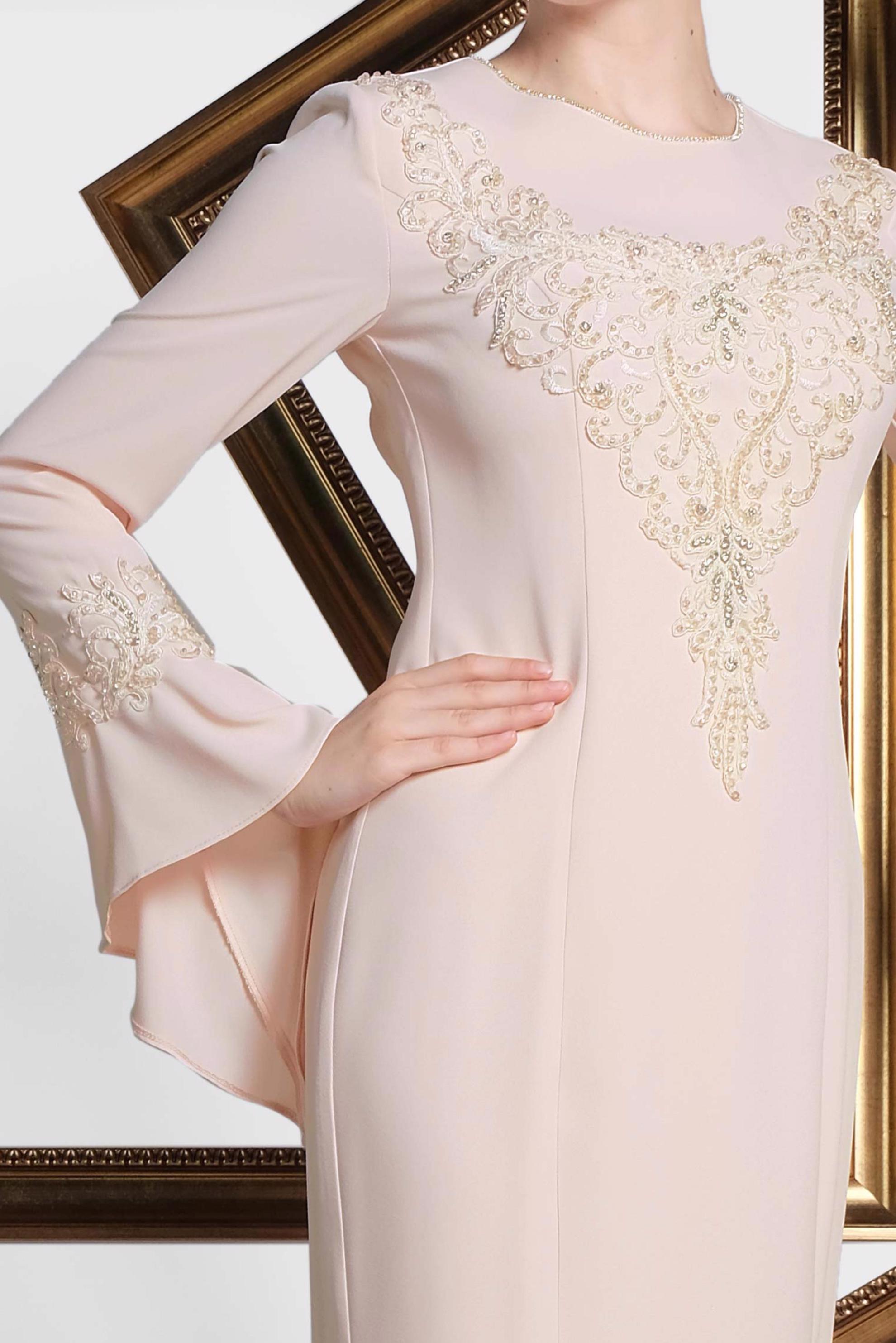 Tesettür giyim PUDRA GÜPÜR İŞLEMELİ BALIK ABİYE ELBİSE 5513