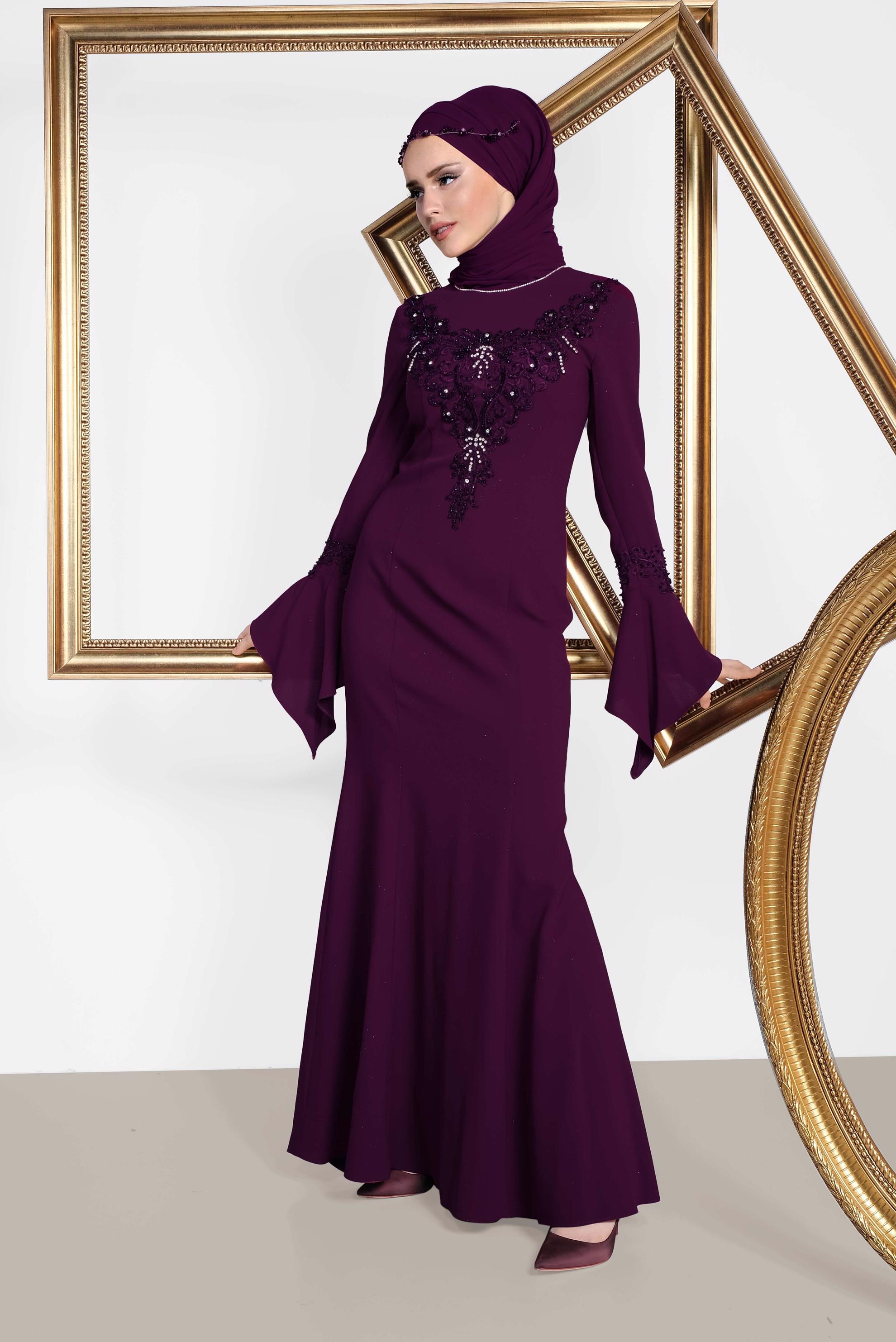 Tesettür giyim BORDO GÜPÜR İŞLEMELİ BALIK ABİYE ELBİSE 5513