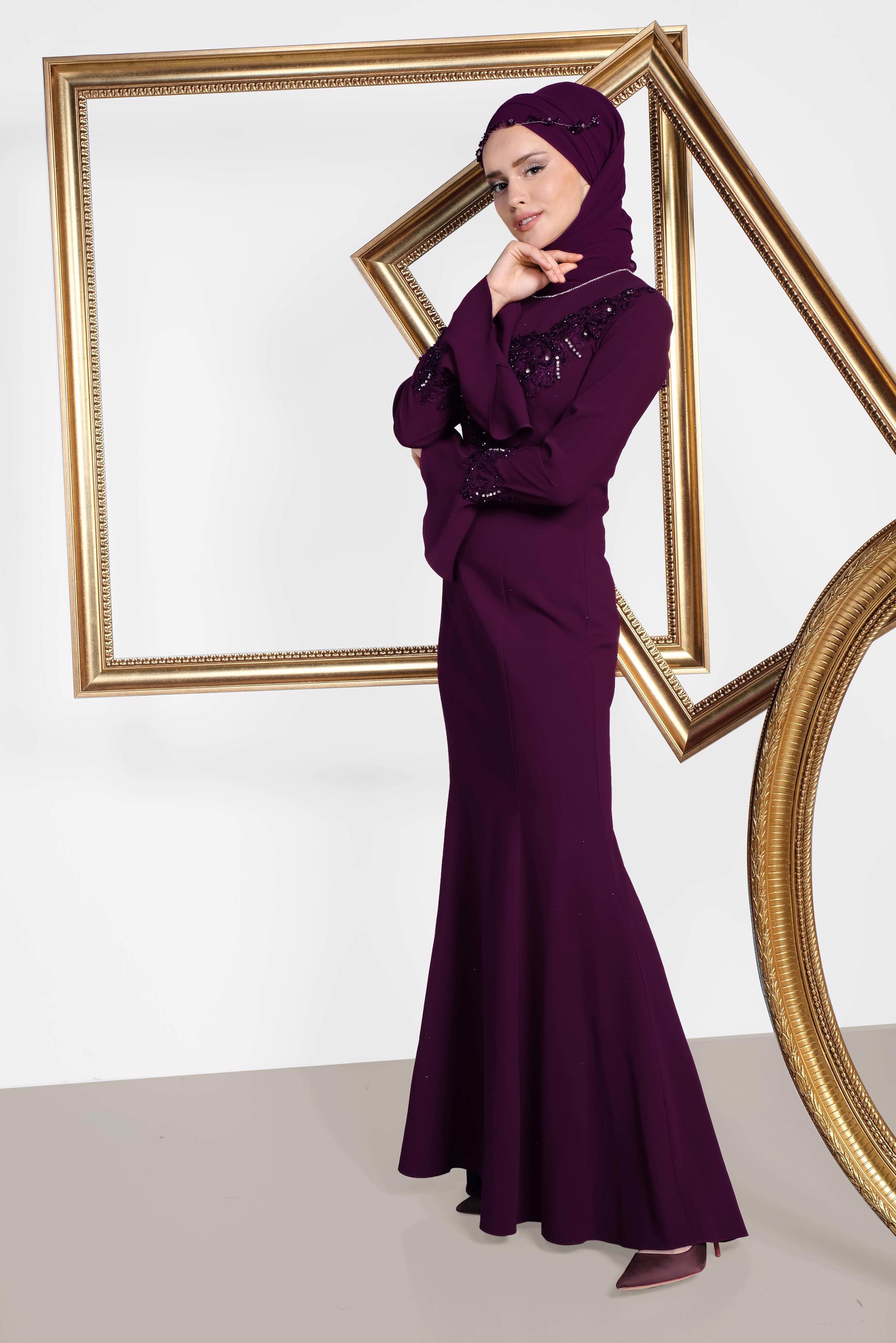 Tesettür giyim BORDO GÜPÜR İŞLEMELİ BALIK ABİYE ELBİSE 5513