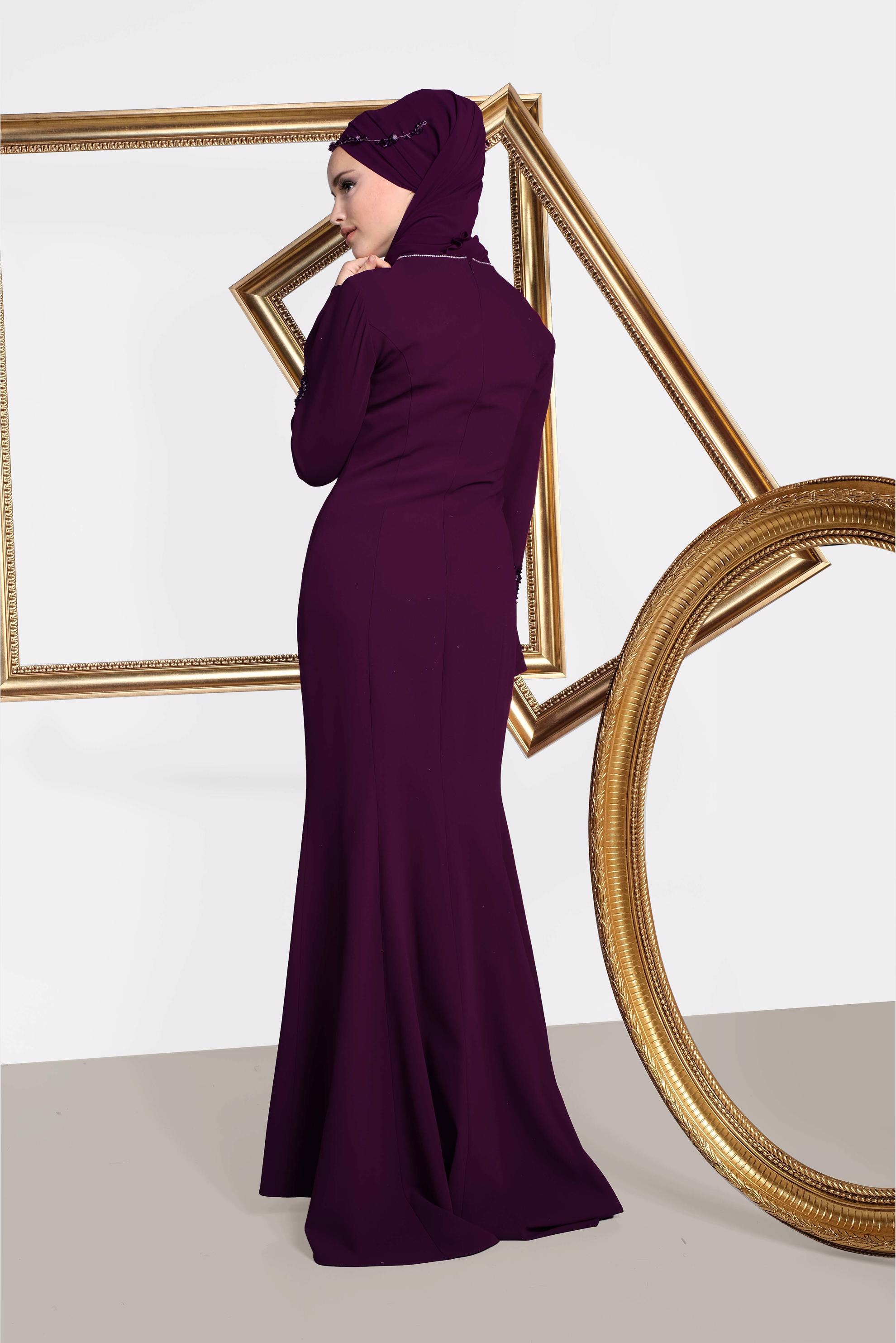 Tesettür giyim BORDO GÜPÜR İŞLEMELİ BALIK ABİYE ELBİSE 5513