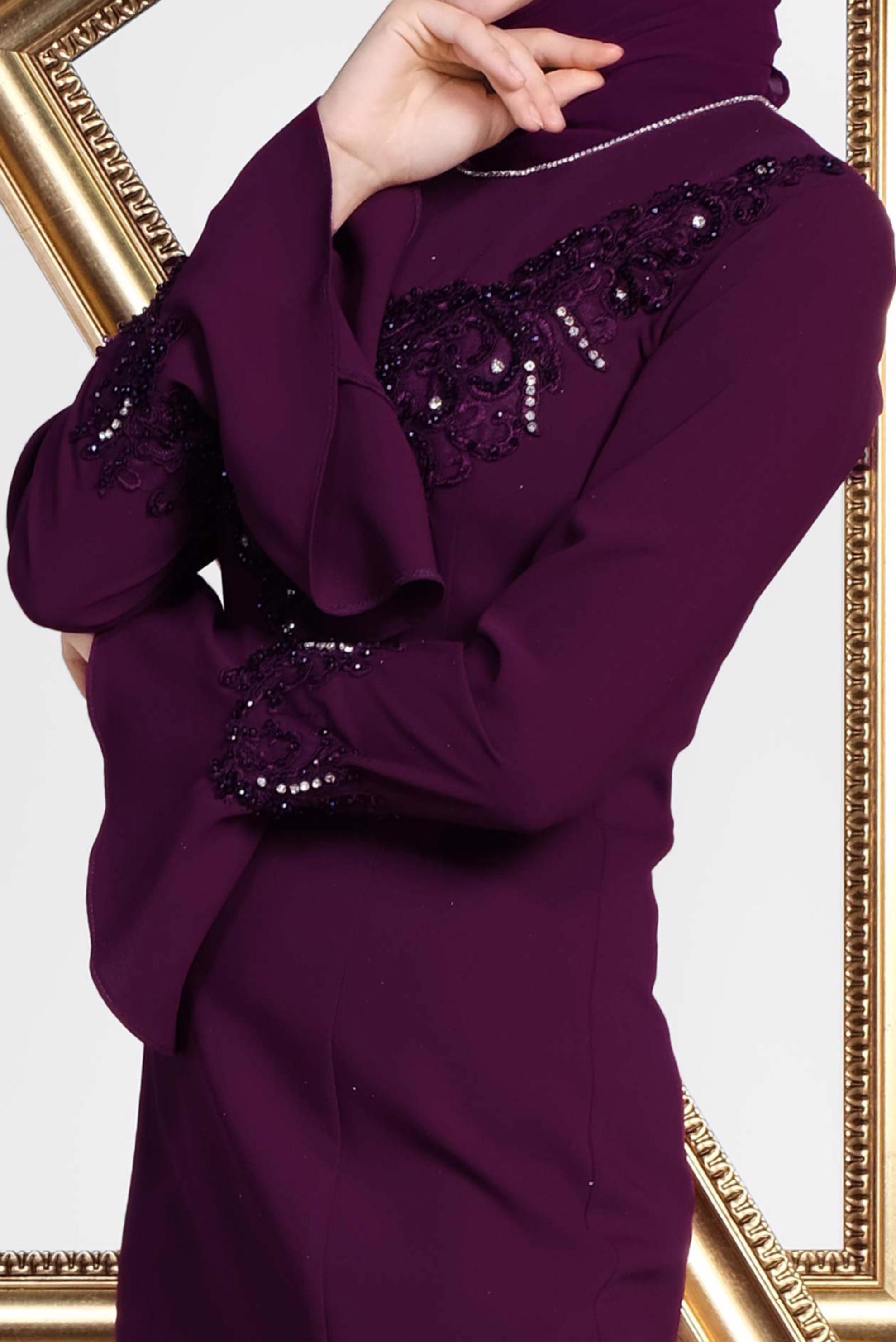 Tesettür giyim BORDO GÜPÜR İŞLEMELİ BALIK ABİYE ELBİSE 5513