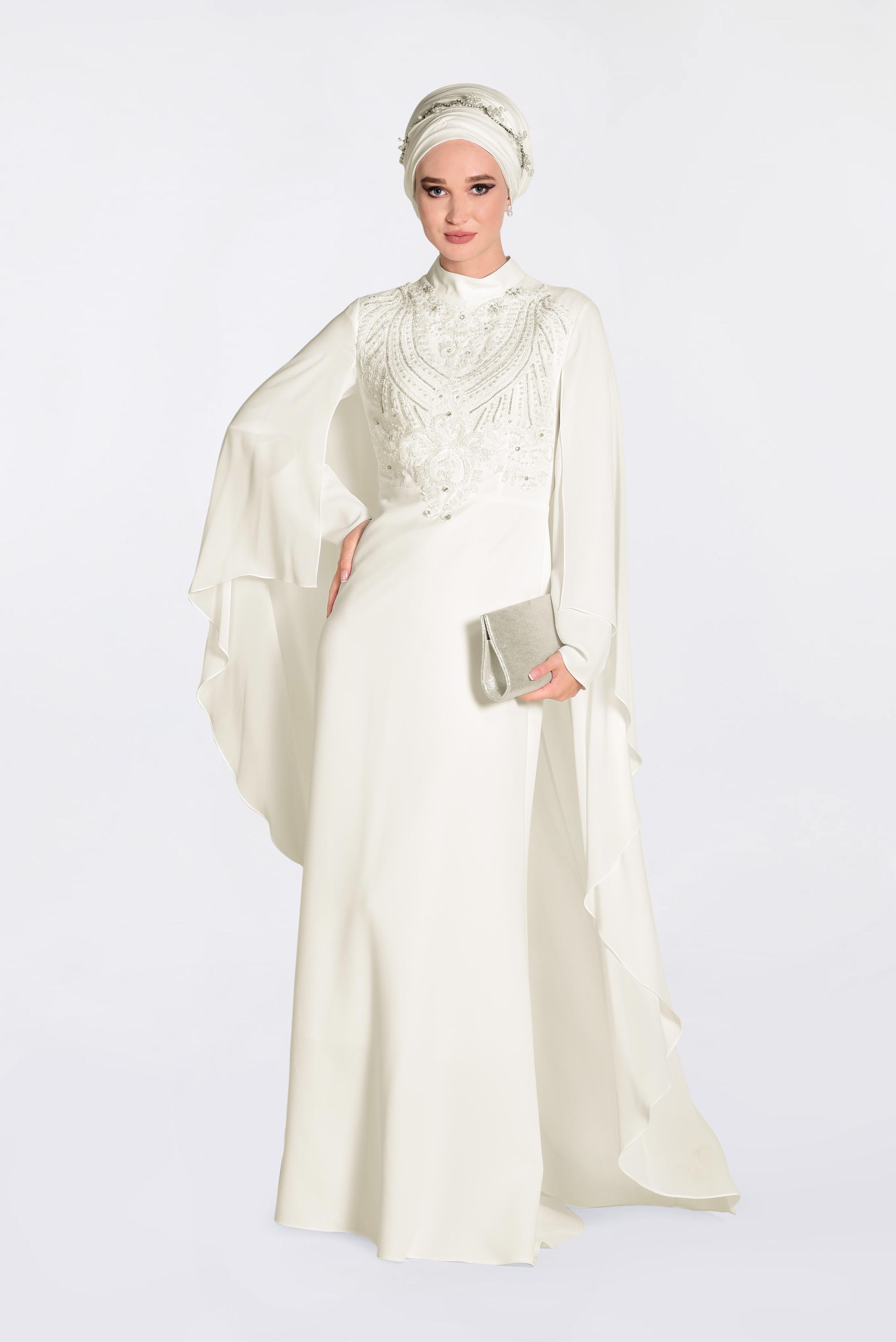 Tesettür giyim BEYAZ İŞLEMELİ PELERİNLİ ABİYE ELBİSE 5514