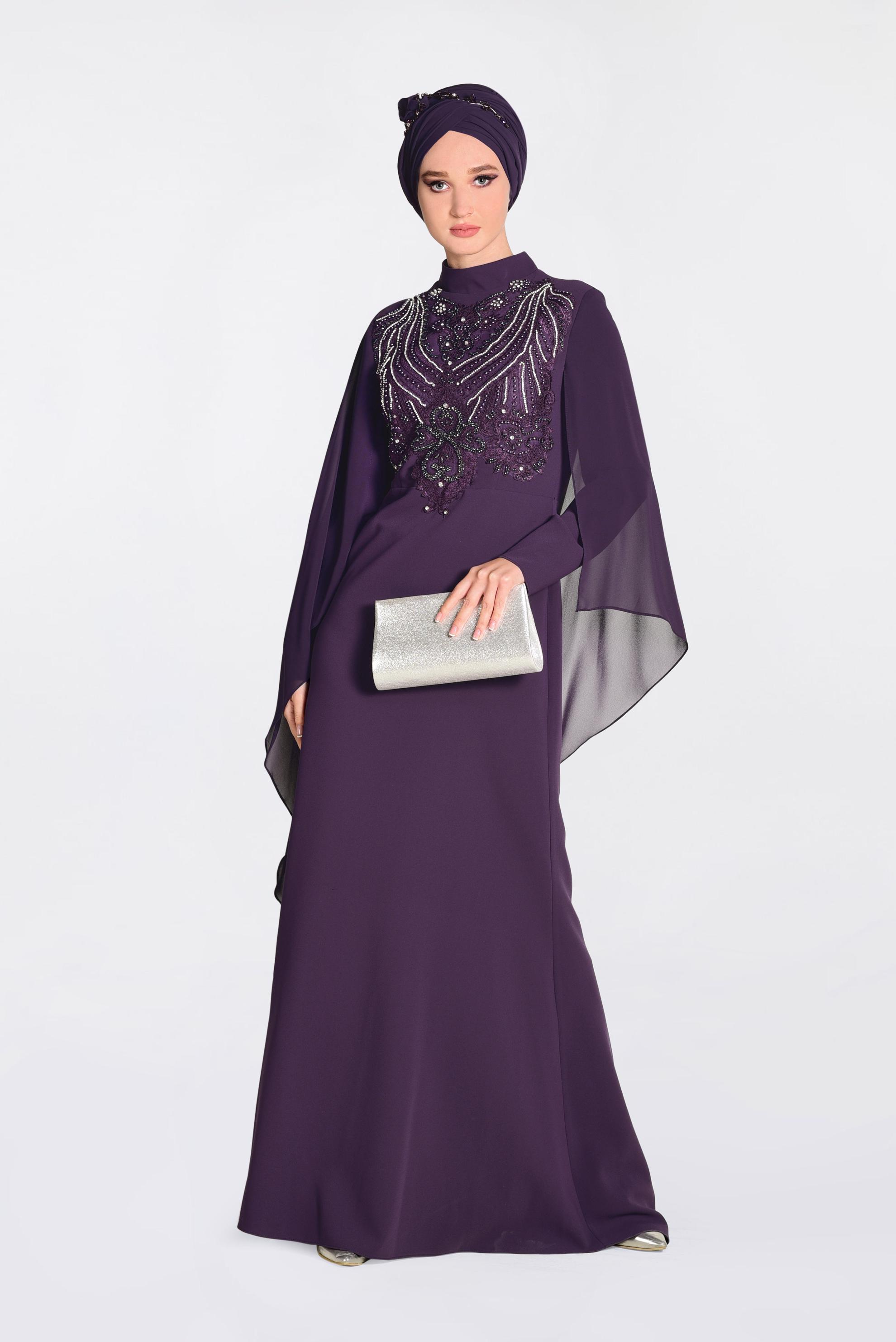 Tesettür giyim MOR İŞLEMELİ PELERİNLİ ABİYE ELBİSE 5514