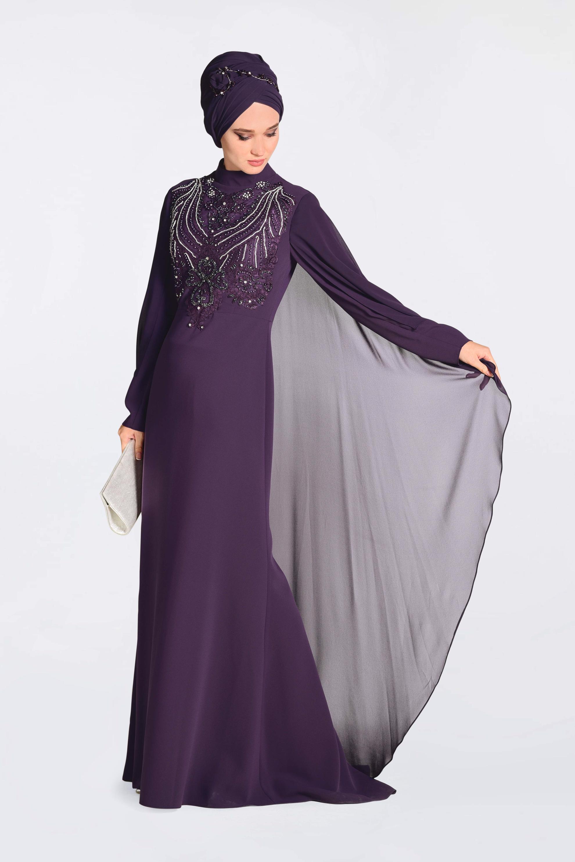 Tesettür giyim MOR İŞLEMELİ PELERİNLİ ABİYE ELBİSE 5514