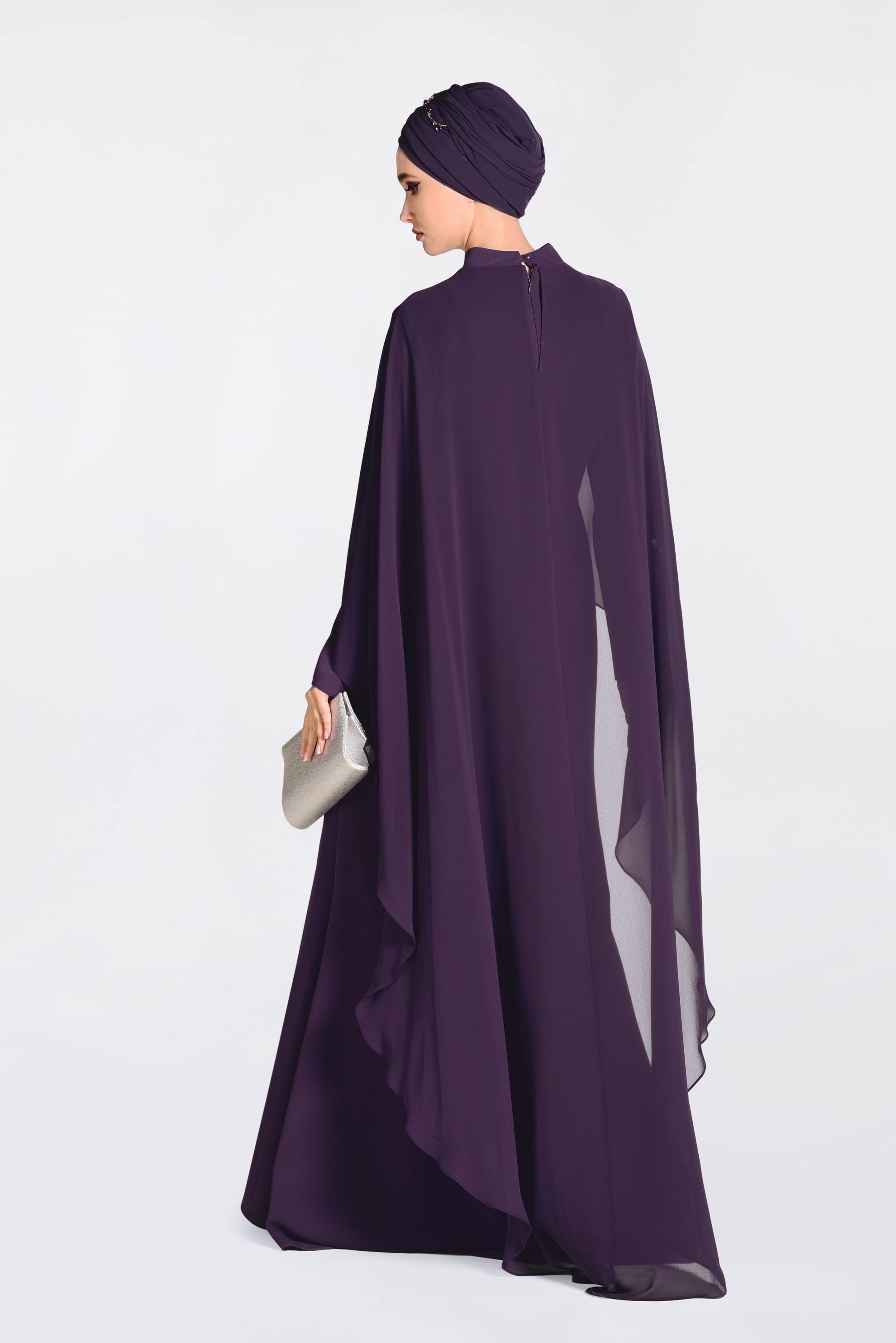 Tesettür giyim MOR İŞLEMELİ PELERİNLİ ABİYE ELBİSE 5514